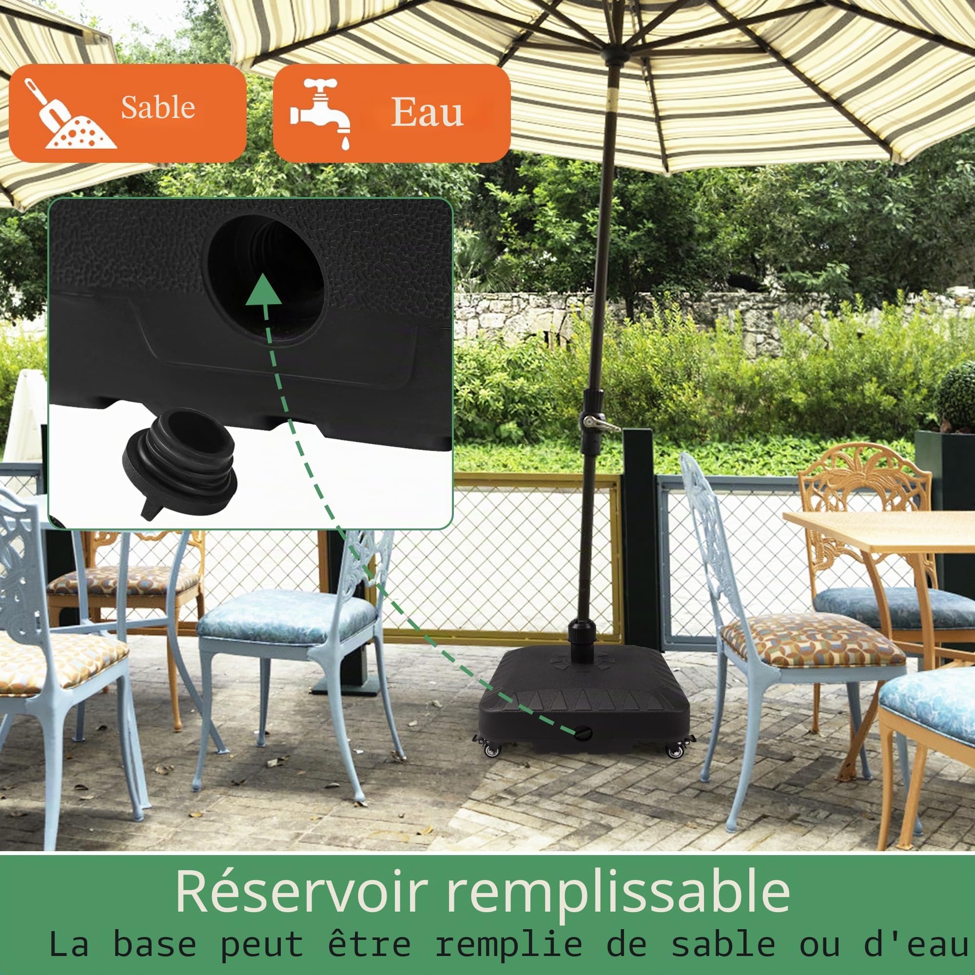 Pied de parasol de qualité supérieure avec roulettes - 20 l - Remplissable avec de l'eau/sable, poids de parasol pour parasol déporté et parasol de marché, support de parasol stable pour