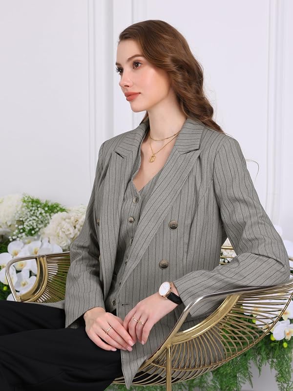 Hobemty Women's Double Breasted Blazer Vintage Pinstripe Striped Suit X-Large Grey by Hobemty - Image 5