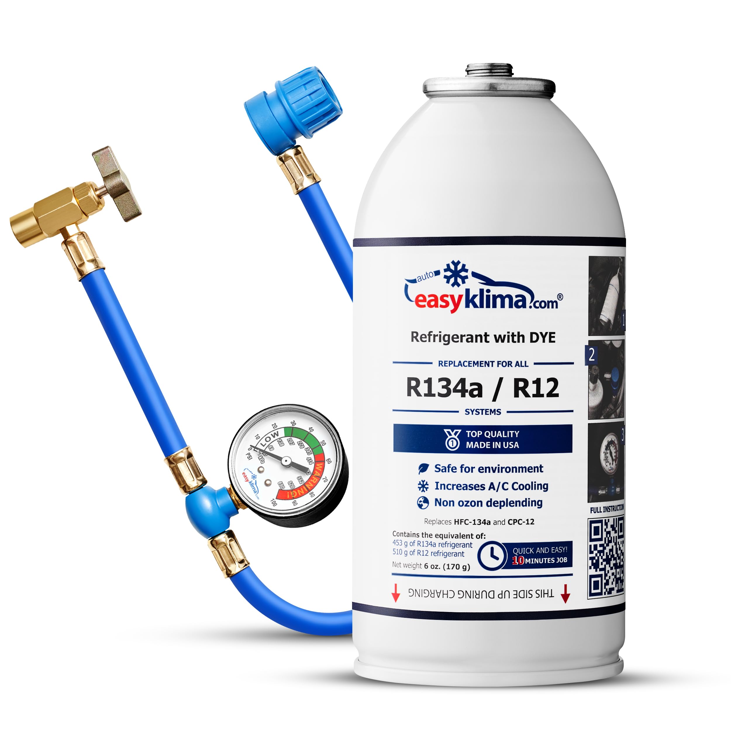 EasyKlima R134a Refrigerante con UV Dye Set – Ricarica aria condizionata auto – R134a / R12 – Tubo con manometro – Manutenzione del condizionatore d'aria