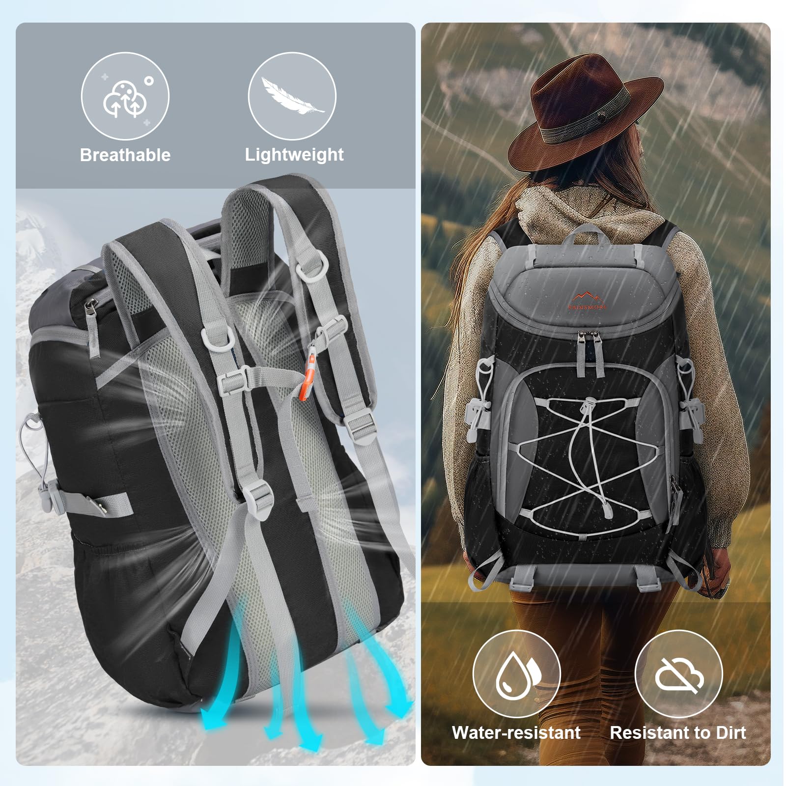 RAINSMORE Plecak turystyczny 40 l, składany, lekki plecak dla mężczyzn z wentylowanym panelem tylnym, wodoodporny plecak podróżny, plecak na spacery, kemping, trekking, jazdę na rowerze na świeżym