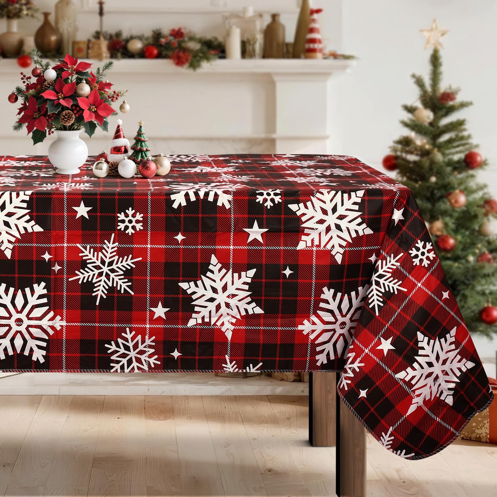 Tovaglia Natalizia In Plastica Impermeabile Con Fiocchi Di Neve Rossi - 137x274 Cm - Per Feste Invernali