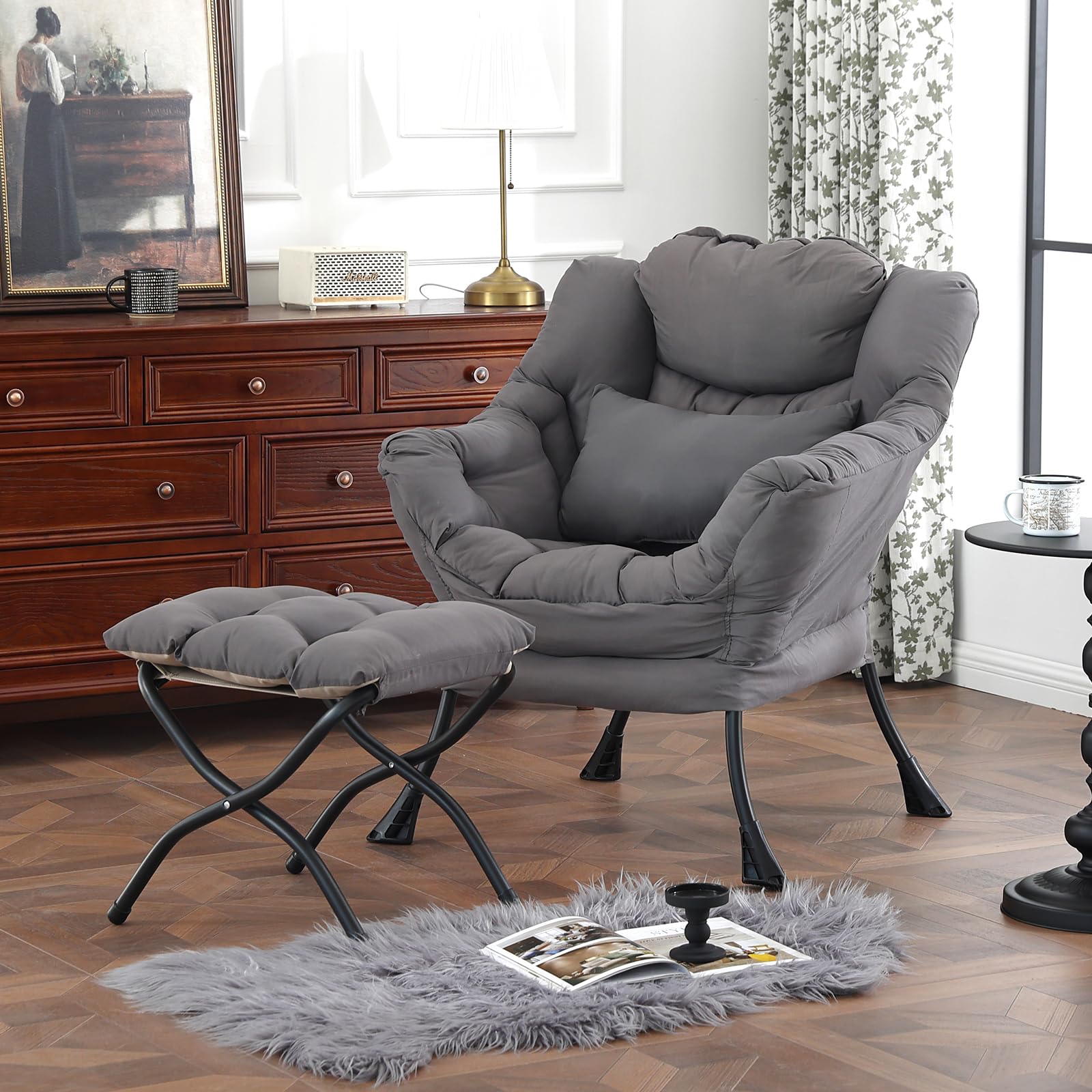 Silla perezosa con otomana, silla decorativa moderna con almohada lumbar, sillas cómodas con reposapiés plegable para dormitorio, lectura, sillas de descanso de apoyo de gran tamaño (gris 8