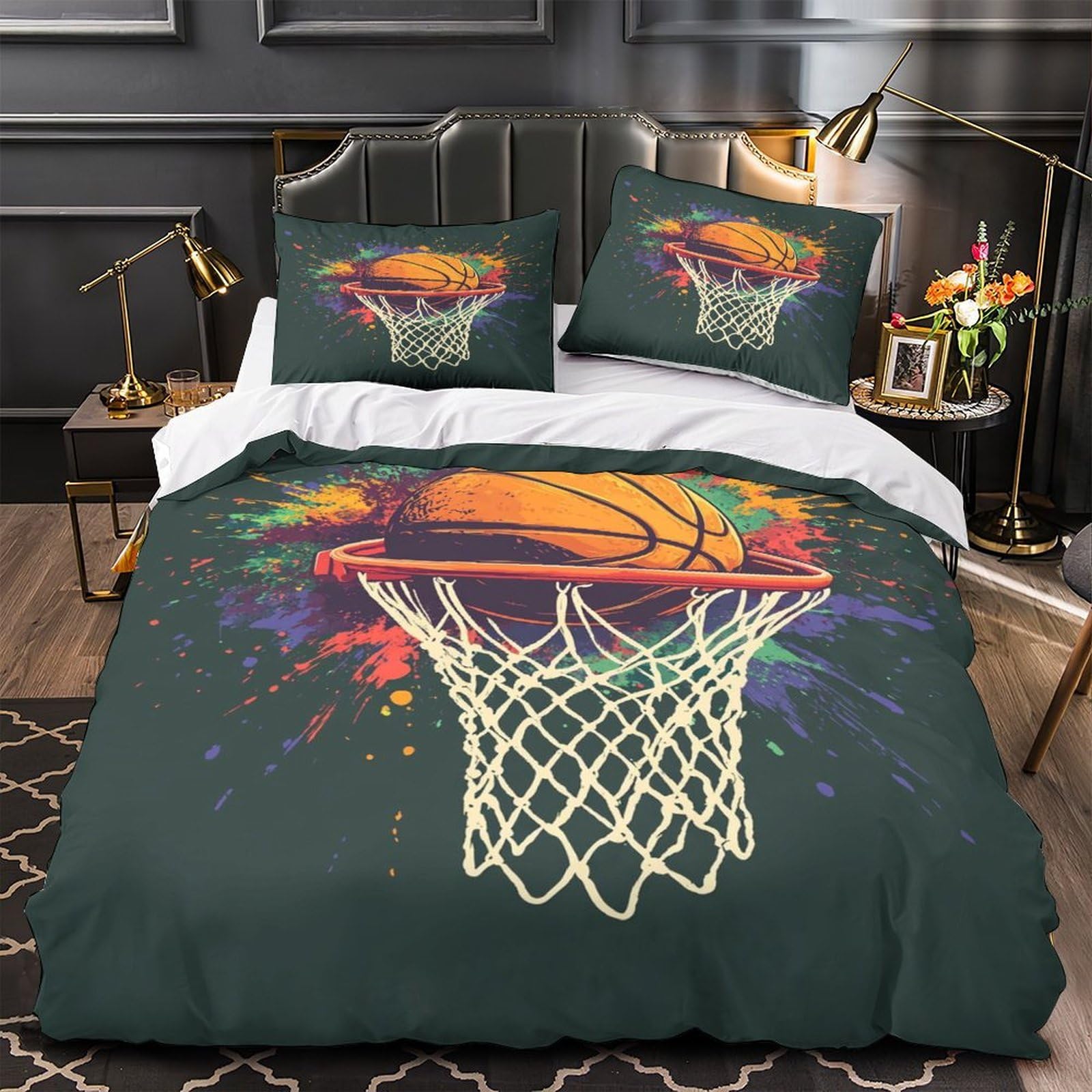 Housse de couette basket-ball 3D 220x240 cm en microfibre avec 2 taies d'oreiller pour lit King