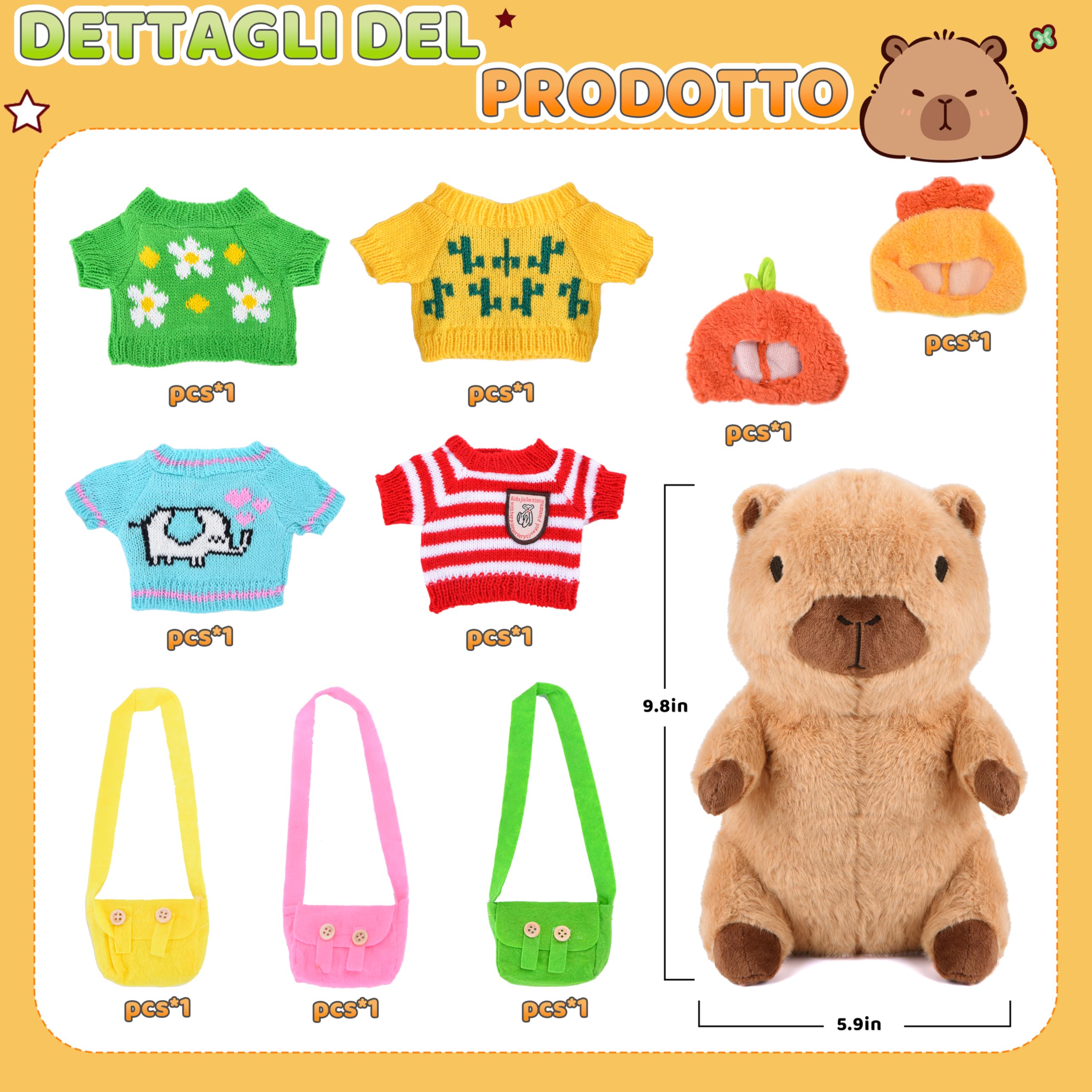 Charmofun Capibara Peluche, Peluche Capibara con Vestiti e Accessori, Cuscino Capybara da 25cm, Simpatici Peluche Capybara, Simulazione Animale Giocattoli, Regalo per Ragazzi e Ragazze (Marrone)