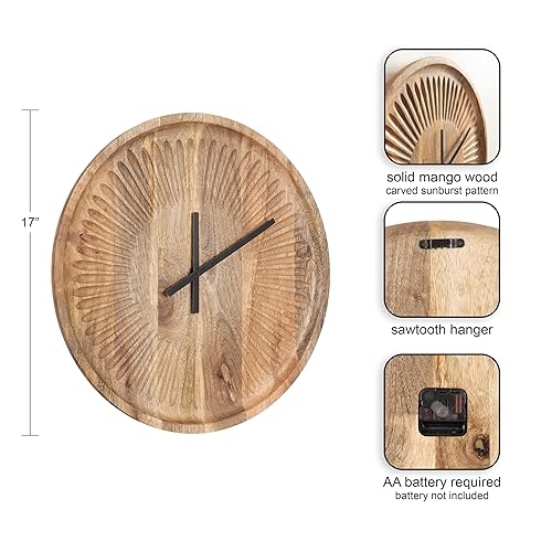 Miniatura 2 de Kate and Laurel Grear Modern - Reloj de pared redondo sin números 17 pulgadas de diámetro madera natural reloj decorativo de madera tallada