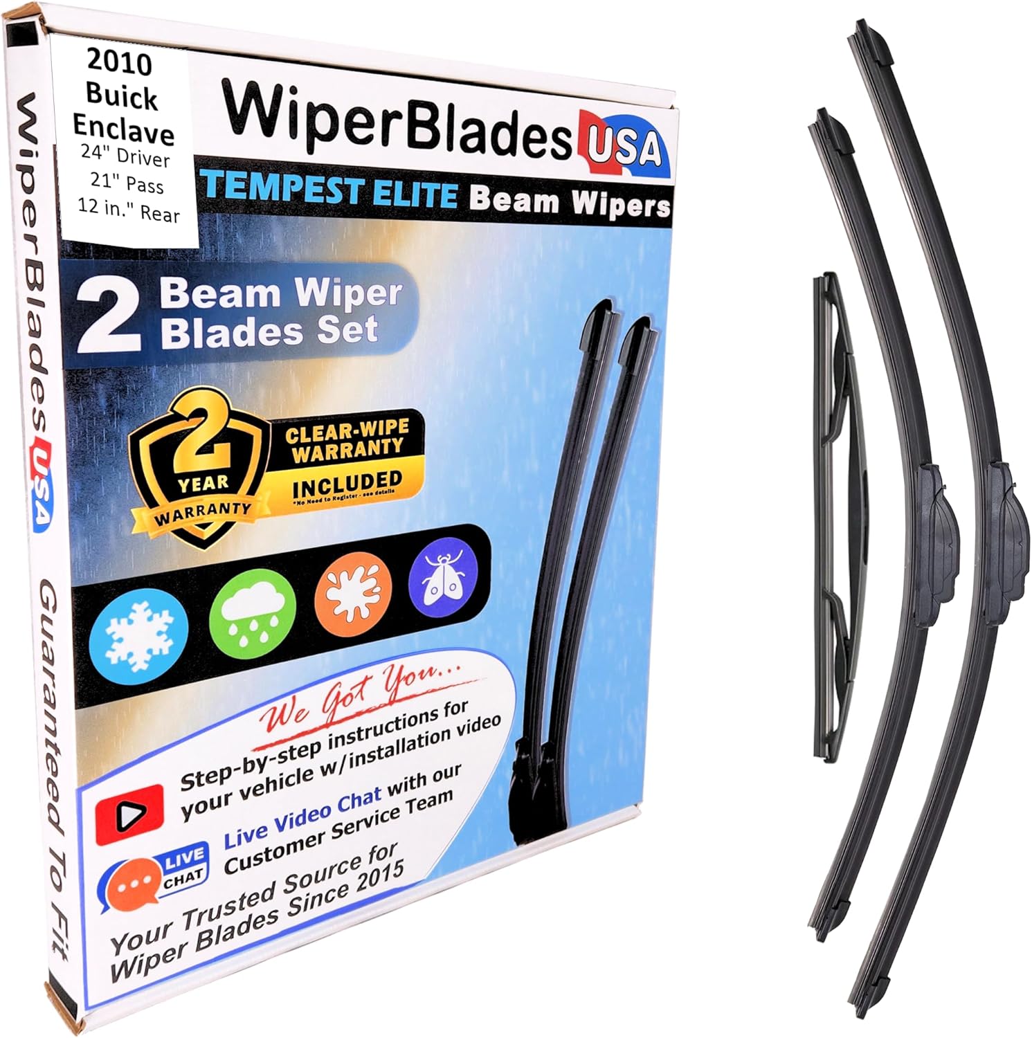 Beam Wiper Blades Set w/2yr Warranty compatible with Buick Enclave 2010 (Set of 3) w/Rear Wiper Tempest Elite Wipers