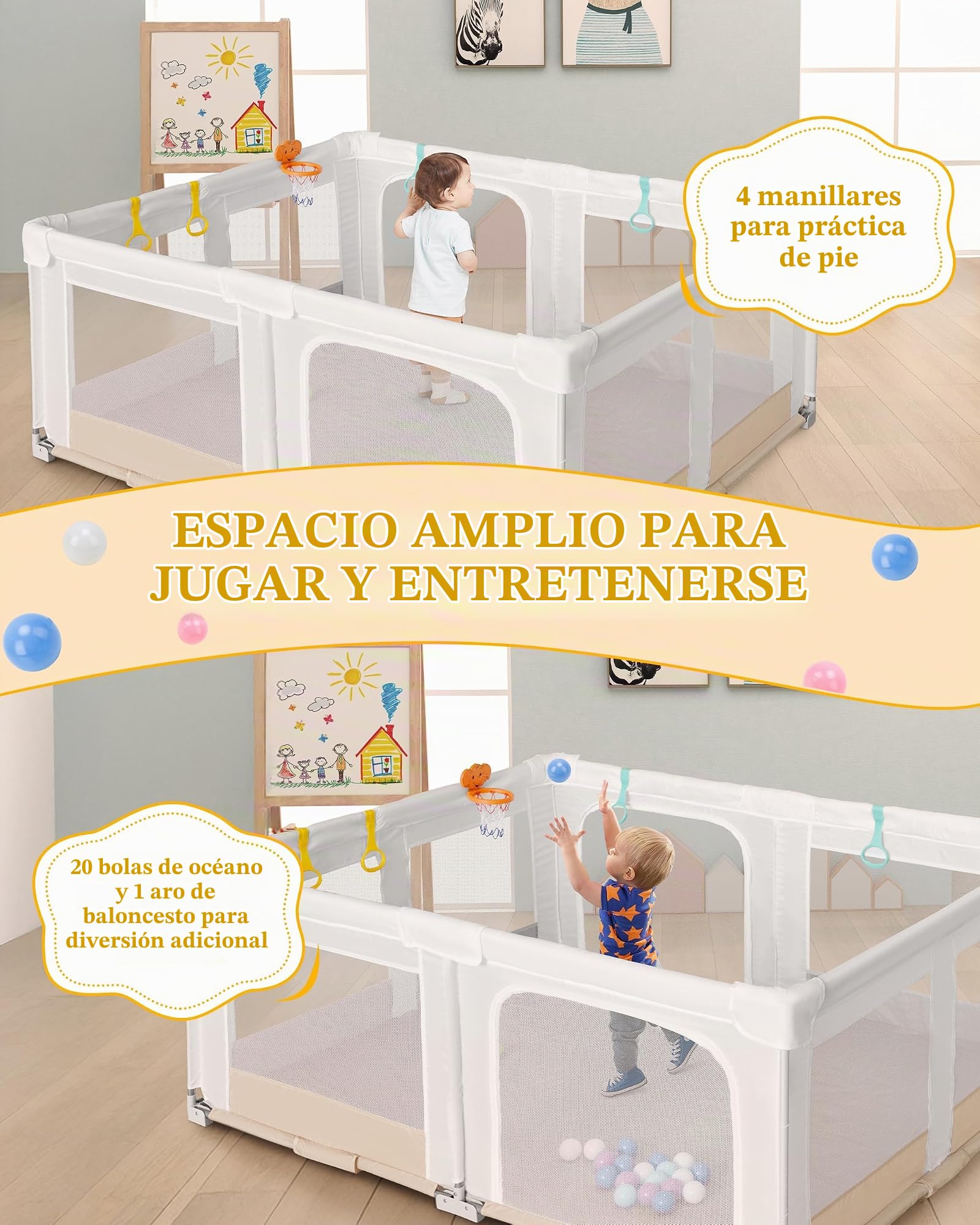 Parque Infantil Grande y Plegable para Bebe: 180x150x75 cm para Interior y Exterior Con 20 Pelotas Oceánicas,1 Canasta de Baloncesto,4 Asas y 1 Bolsa de Viaje - El área de Juego Ideal para Los Niños