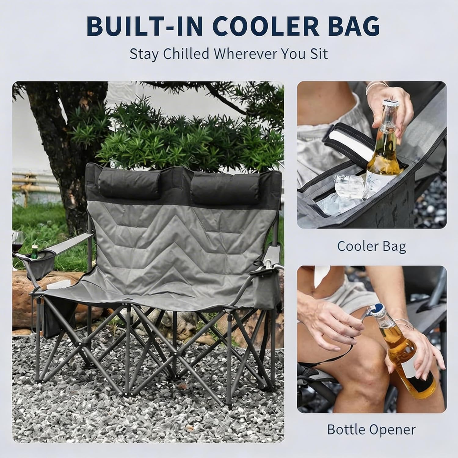 Oversized Double Camping Chair for 2 Adults, Heavy Duty Folding Outdoor Loveseat with High Back, Padded Seat, Headrests, Cooler Pouch, Cup Holders, Portable Camp Couch for Camping Beach Backyard