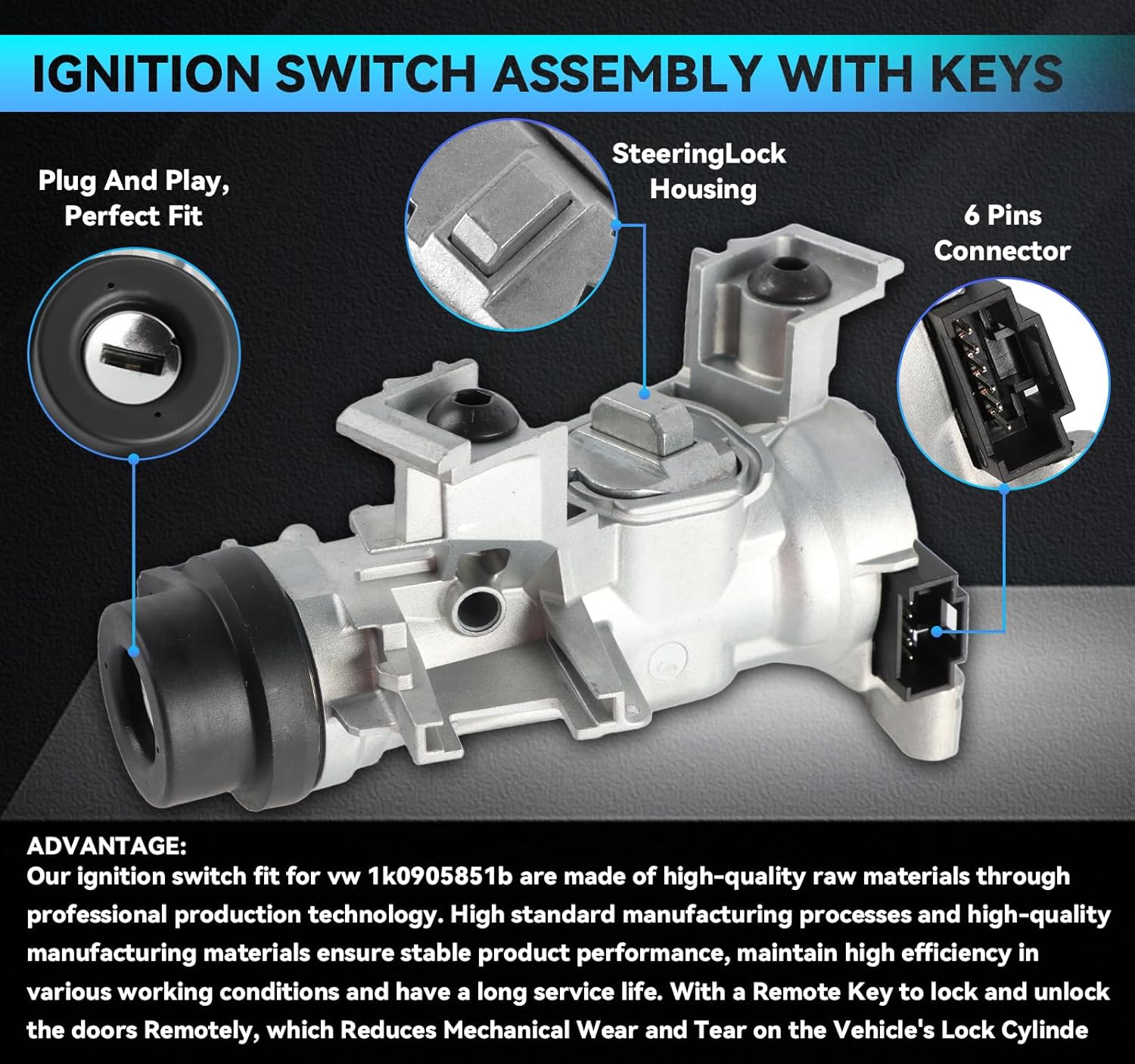 1K0905851B Ignition Switch Lock Cylinder with Key fits for MK6 2006-2008 2009-2018 VW Jetta 2004-2007 2010 2011 Golf EOS Rabbit Ignition Starter Switch, Replace 1K0905841 1K0905865