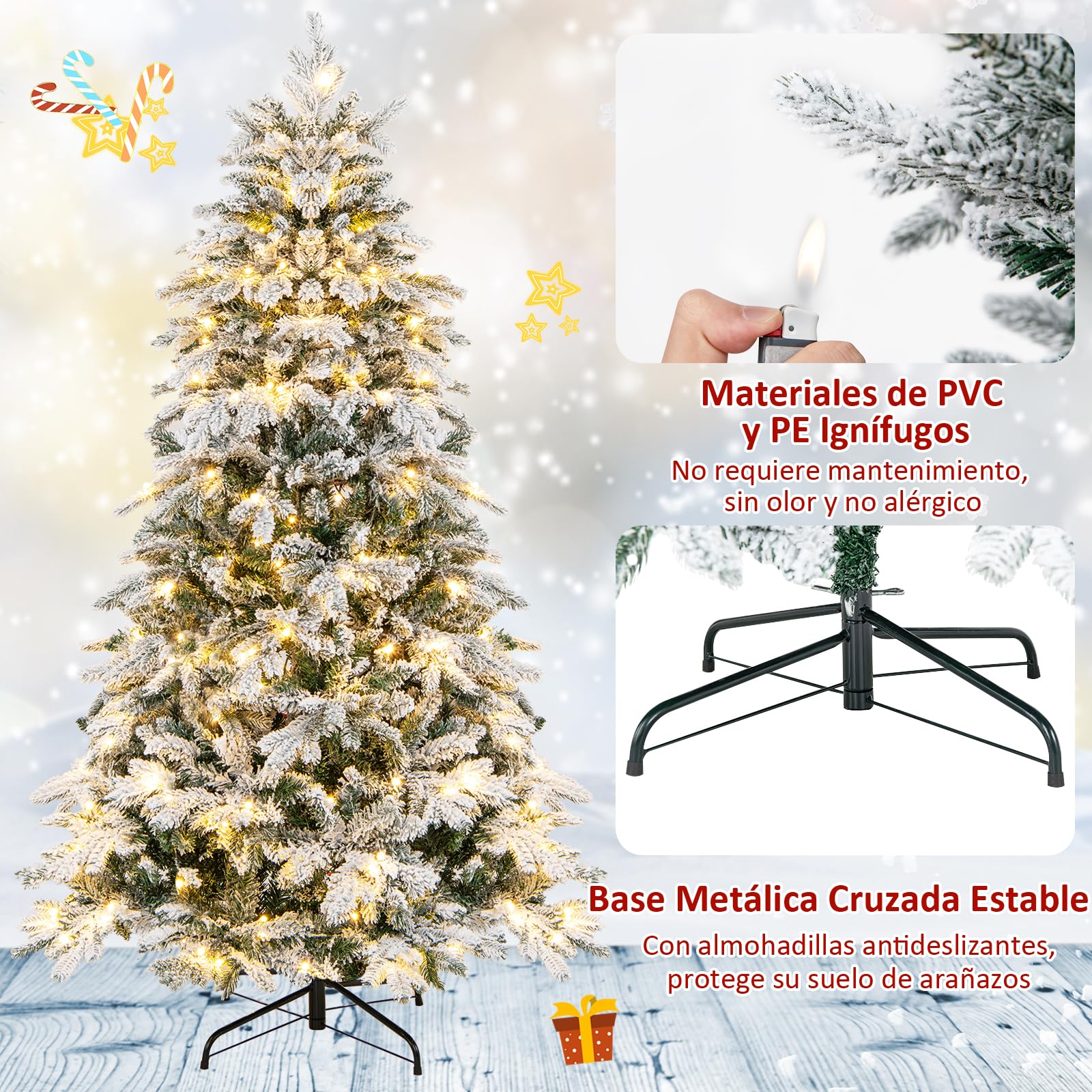COSTWAY Árbol de Navidad Nevado con Luces 180cm, Arbol de Navidad con Luces Incorporadas, 260 Luces LED Cálidas, 1415 Puntas de PVC y PE, Arvore de Natal Hogar Oficina Fiesta (180cm)