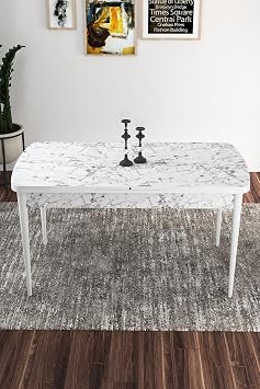 Kor Serisi 70x114 cm A labilir Beyaz Mermer Desen Yemek Odas  Masas