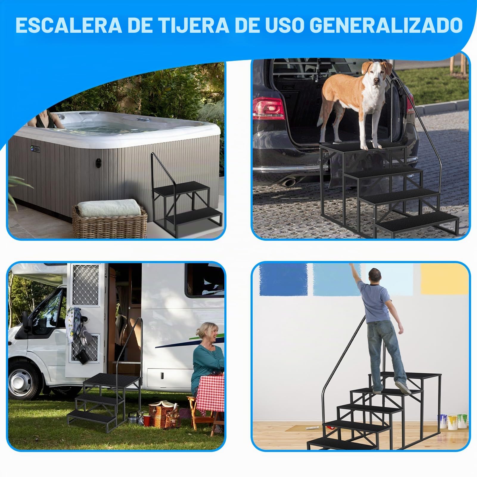 Escalera 3 peldaños con 2 Asa, Eescadote Antideslizante para Autocaravana, Estanteria Escalera Litera Caravana de Acero máx 300 kg