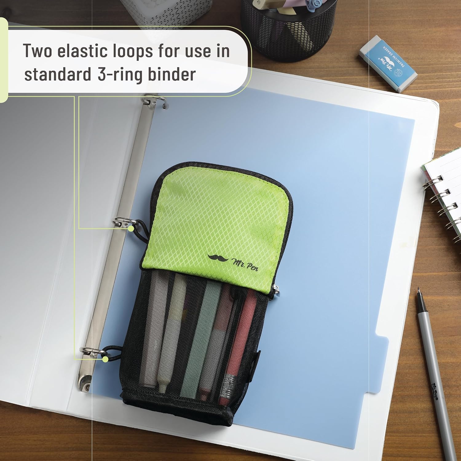 Mr. Pen- Standing Pencil Case Pouch, Sit & Lay Mesh-View Design | Black & Lawn Green, Interior Pocket & 2 Elastic Binder Loops, Cute Pencil Case for Girls and Boys