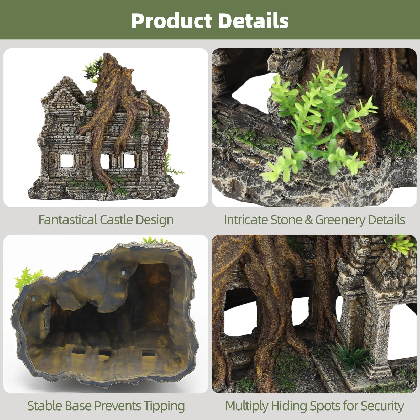 Decorazione per acquario in resina, grande 23,1 cm, grotta che nasconde i pesci con struttura in pietra antica, design a radice dell'albero per serbatoi di sale e acqua dolce, paesaggio