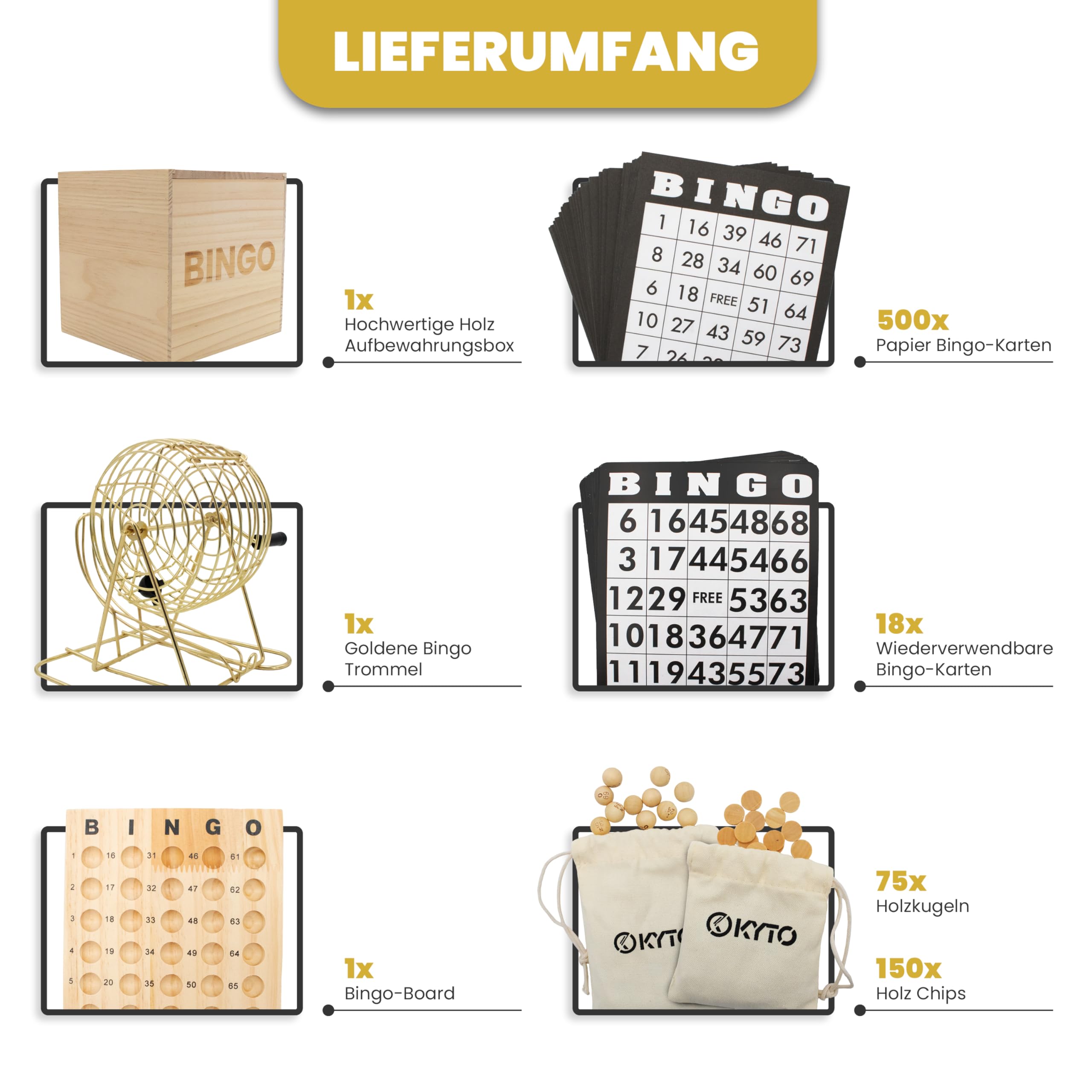 Kyto Bingo Spiel Deluxe Set – Gold Metall Trommel & Holzbox – 75 Kugeln, 150 Chips, 18 Wiederverwendbare Bingokarten + 500 Stift-Karten – Gesellschaftsspiel für Familie, Party & Senioren