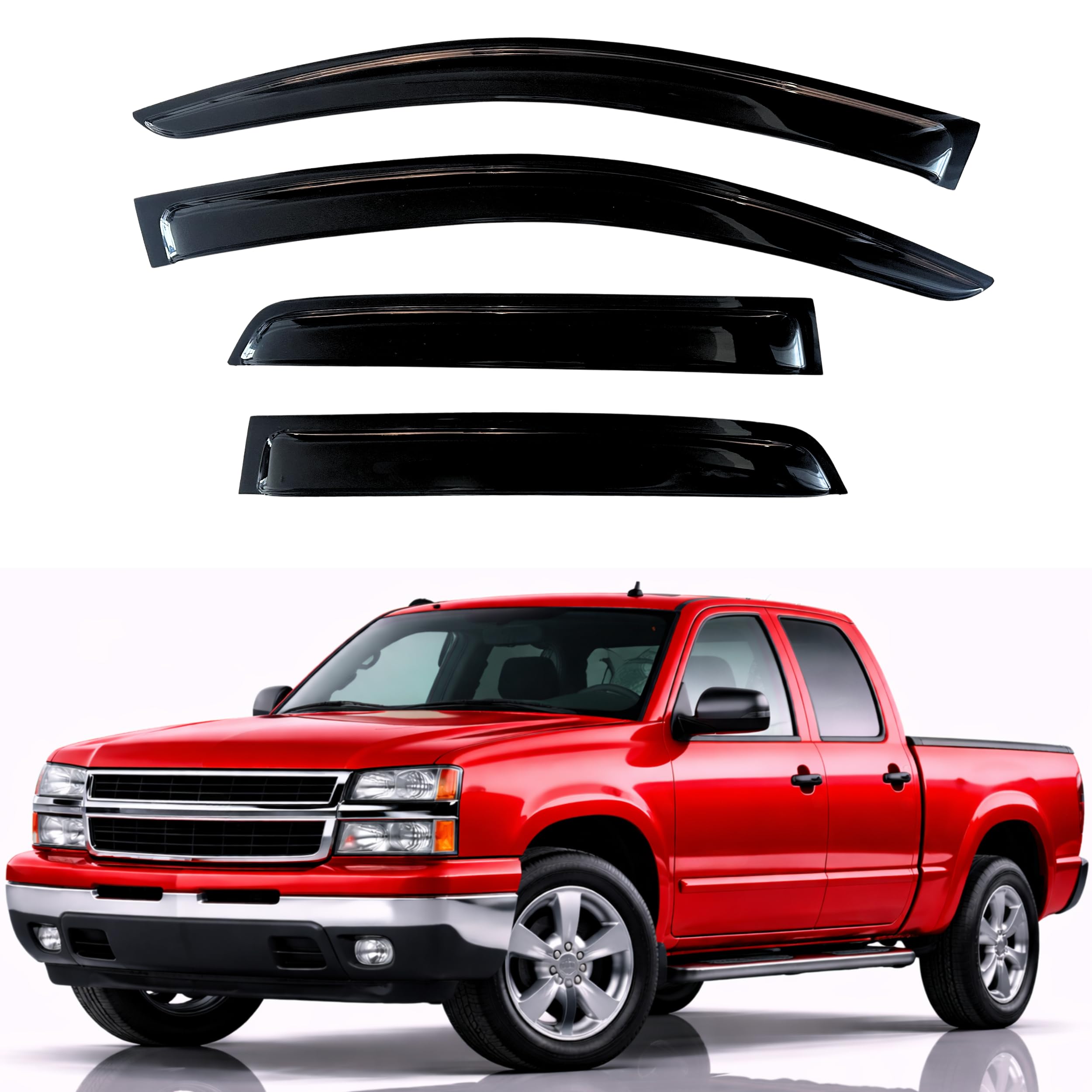 KPY Rain Guards Fit for 2001-2007 Chevrolet Silverado/GMC Sierra Crew Cab, Out-Channel Window Visors Vent Deflectors, 2002-2006 Chevy Avalanche/Suburban/Cadillac Escalade EXT/GMC Yukon XL (Crew Cab)