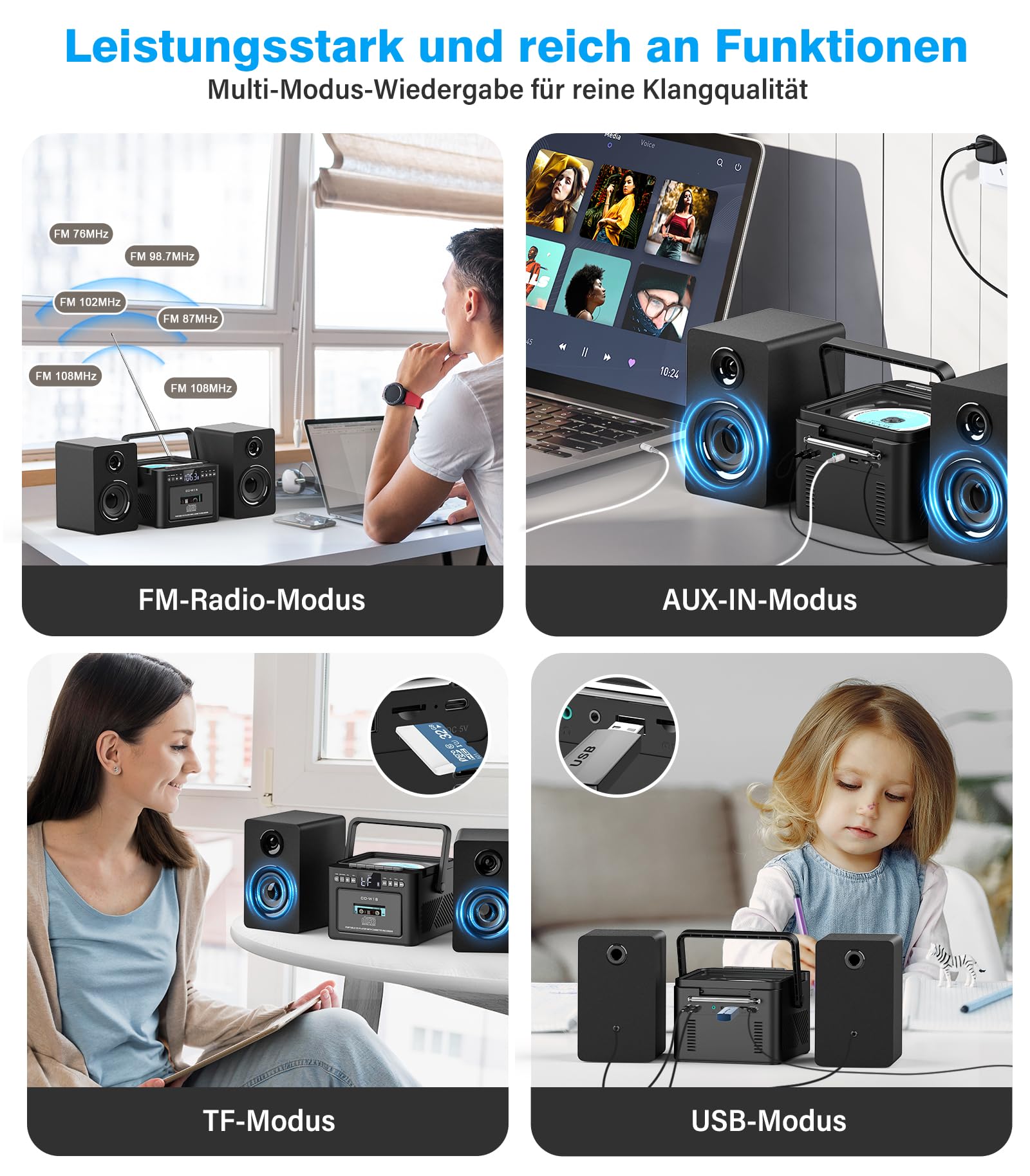Greadio - Sistema estéreo con reproductor de CD y grabadora de cassette, altavoz de 40 W con Bluetooth 5.1, reproductor de cassette con radio FM, USB, TF, AUX, mando a distancia, equipo de música HiFi