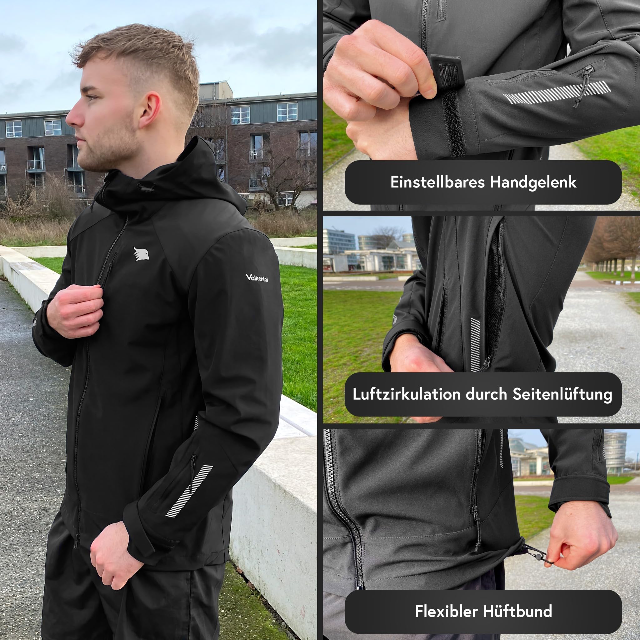 Valkental® Reflektierende Funktionsjacke [Das Original] - Herren - Wasserabweisend & Winddicht | Doppel Reißverschluss | Geeignet als Laufjacke, Fahrradjacke & Übergangsjacke | VERTEX Jacke