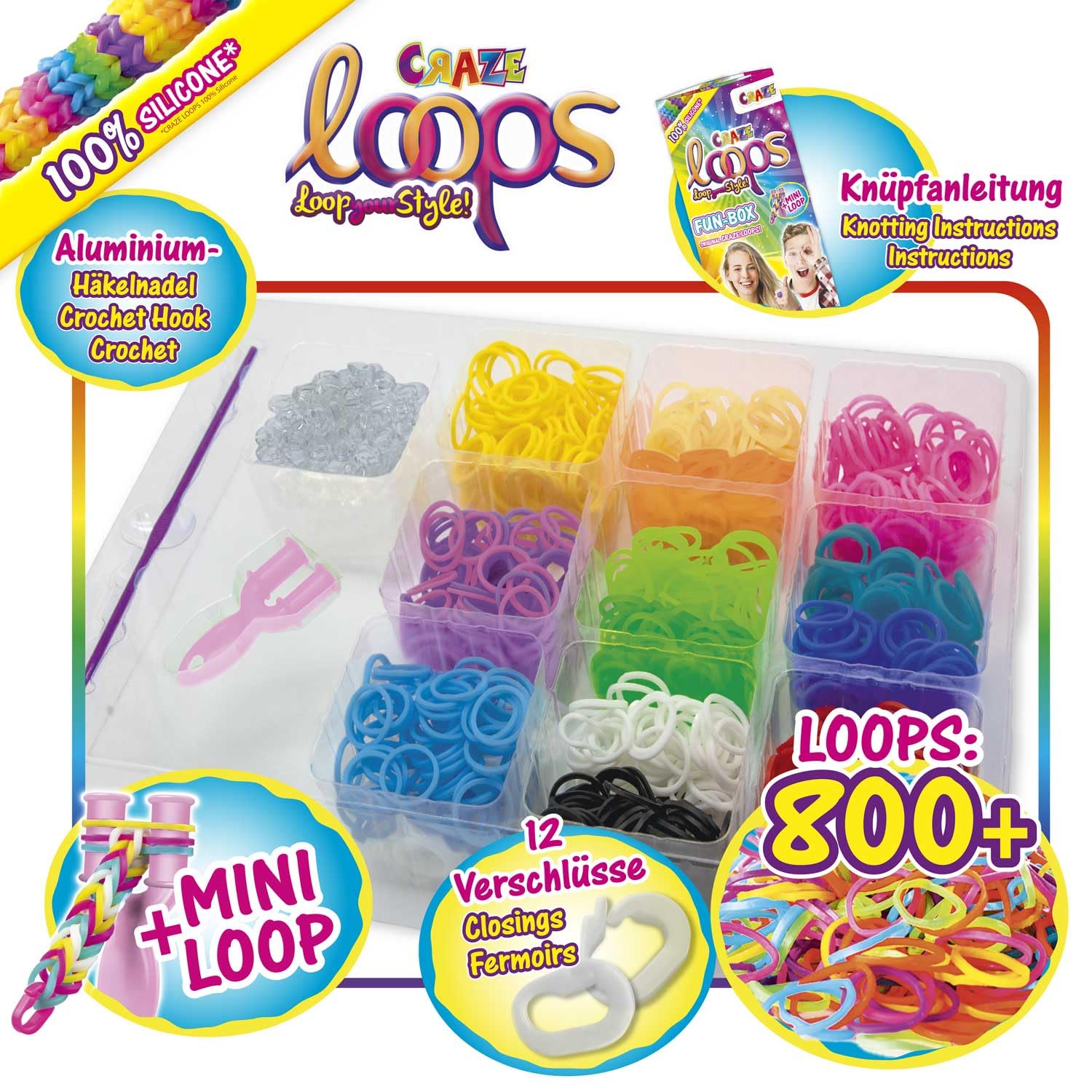CRAZE loops Fun Box Bracelet Making Kit with 800 Loom Bands, Beads, Clips and Tools - Image 2