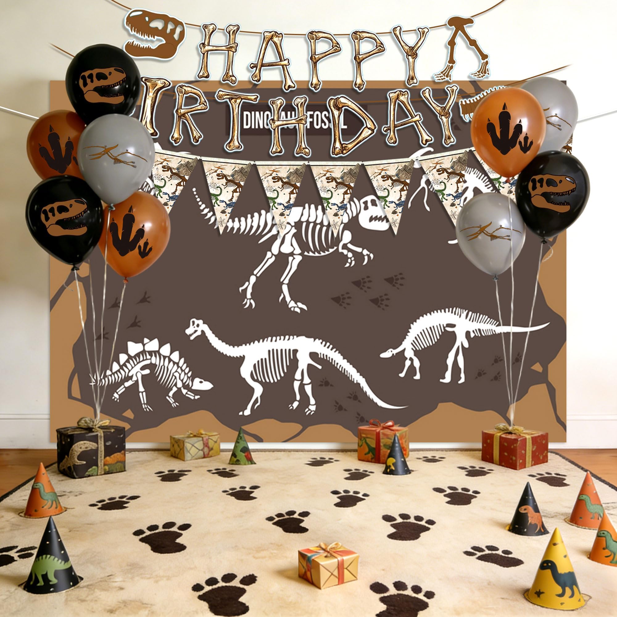 Dinosaur Fossil Birthday Party Decor Backdrop Dinosaur Fossil Birthday Banner Garland Balloons Flags for Birthday Party Supplies Favors