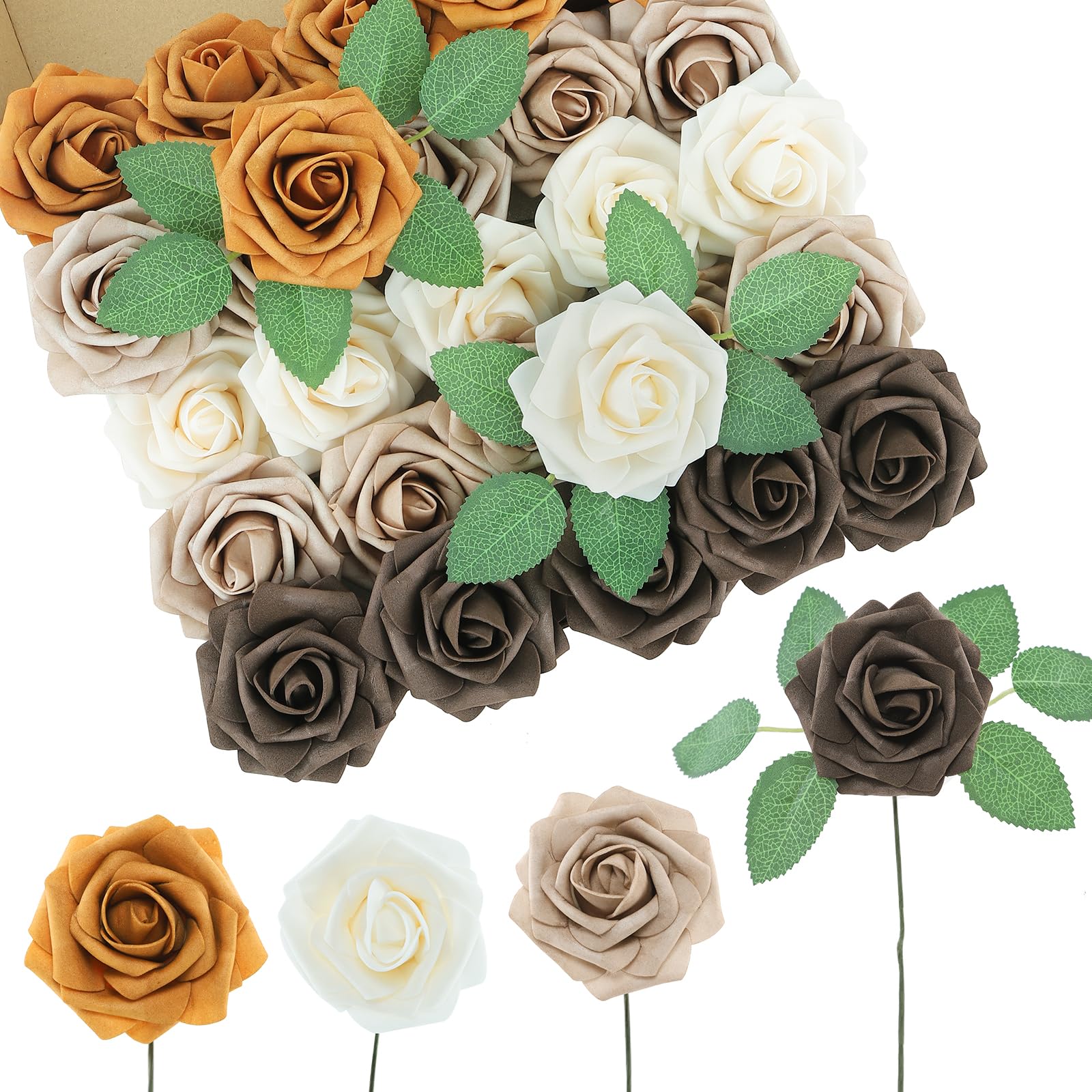 DuHouse Artificial Roses 25Pcs Fake Foam Rose Flowers Weeding(Ivory Beige) — image 1