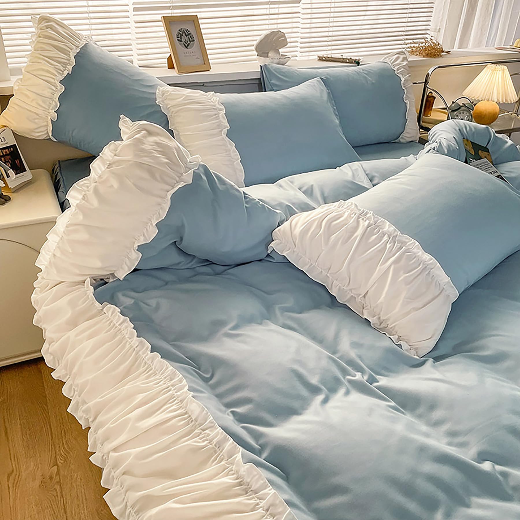 Parure lit Queen Size, Ensemble literie Simple Coton Couleur Unie Couvre-lit Dentelle Style Ensemble draps Comprenant Ensembles Couette Un Drap Plat Une taie d'oreiller,Bleu,Twin
