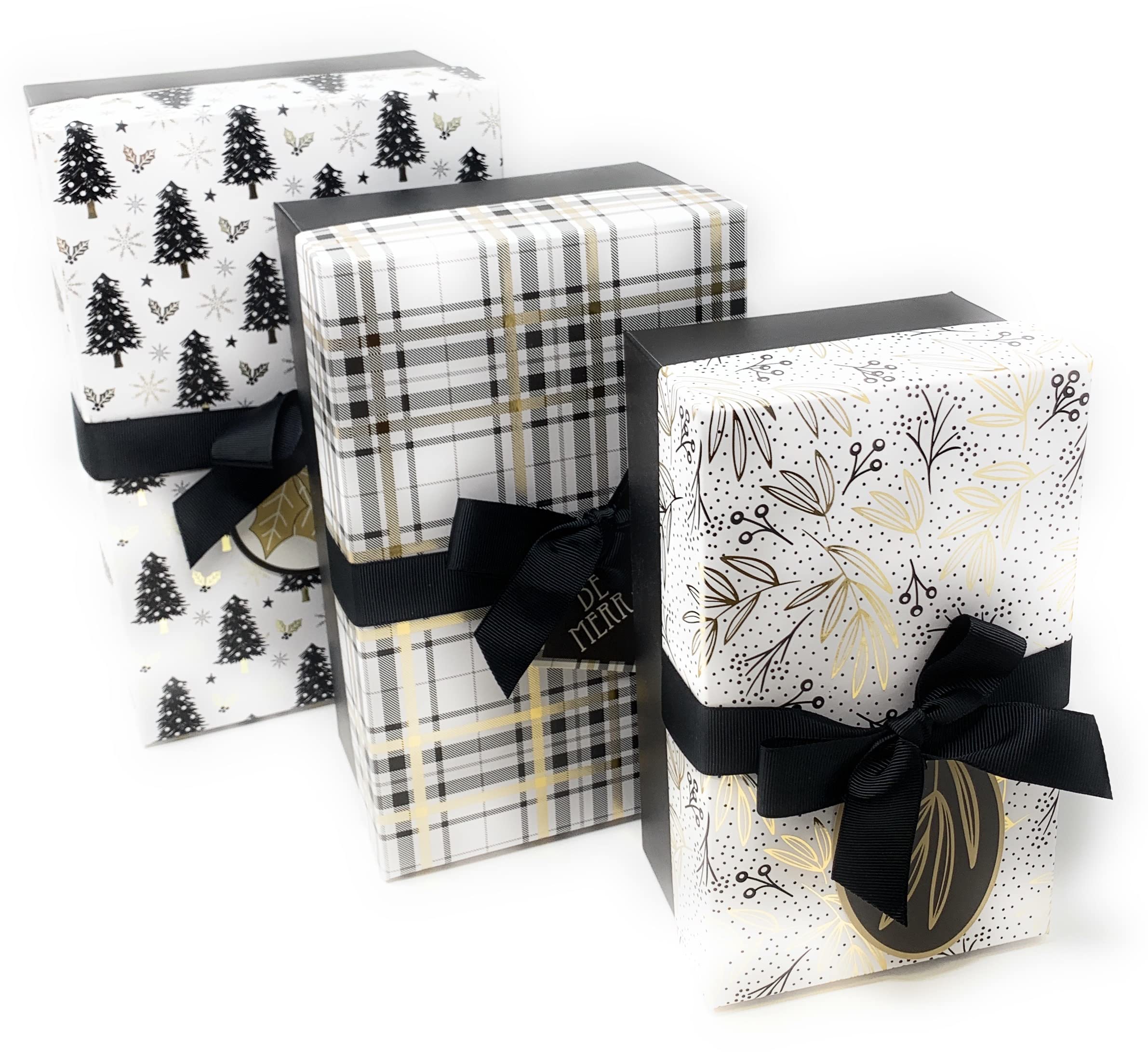 3 Christmas Gift Boxes Nesting Stacked Rectangle Boxes with Lids, Bows, and Holiday Tags in Assorted Sizes for Holiday Decoration or Decorative Present Wrapping (White)