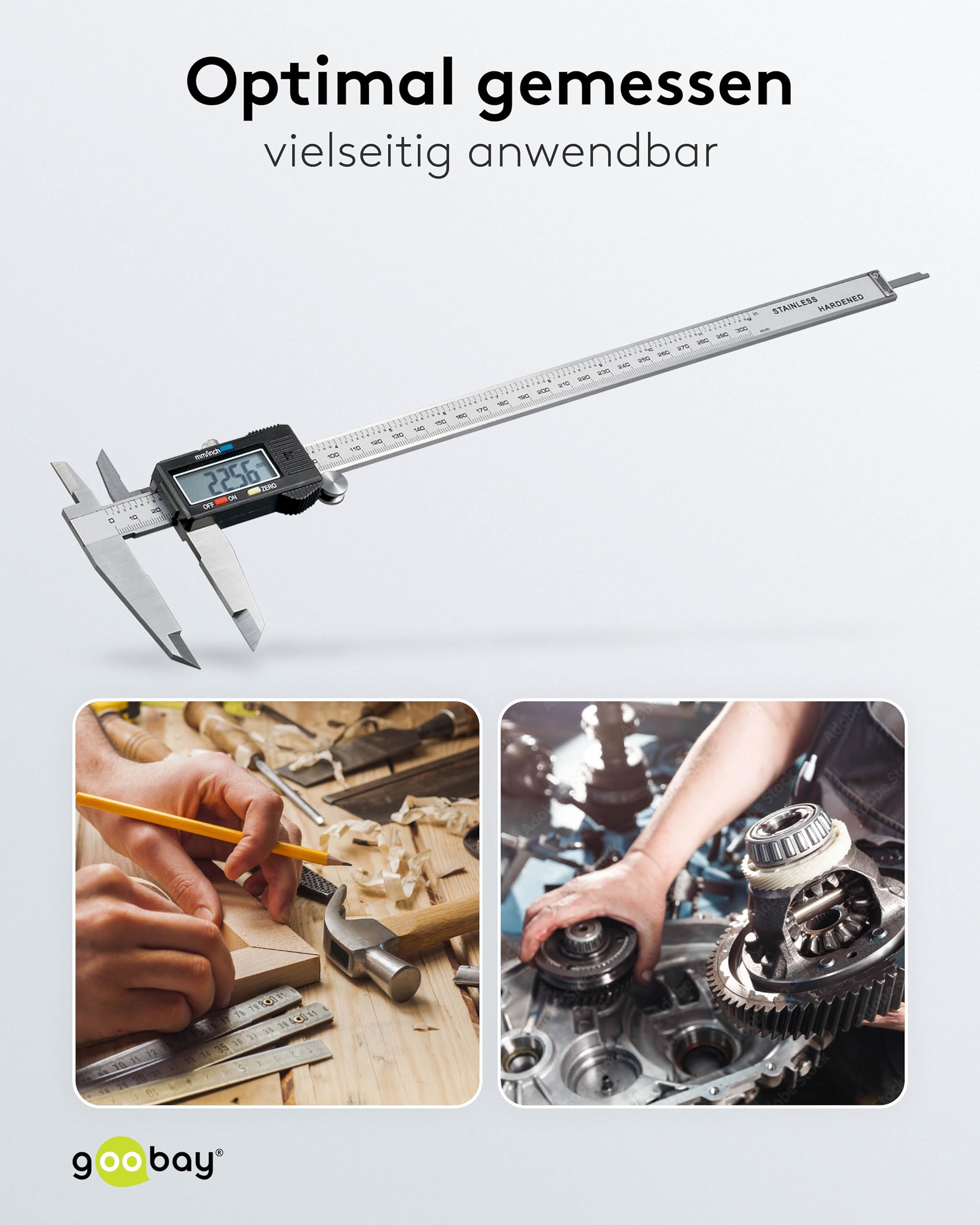 Goobay 77139 Messschieber digital 0 - 300 mm / Elektrische Schieblehre digital 12 Zoll / Für Tiefen-, Außen- & Stufenmessung / Mit LCD Display / Rostfreier Edelstahl
