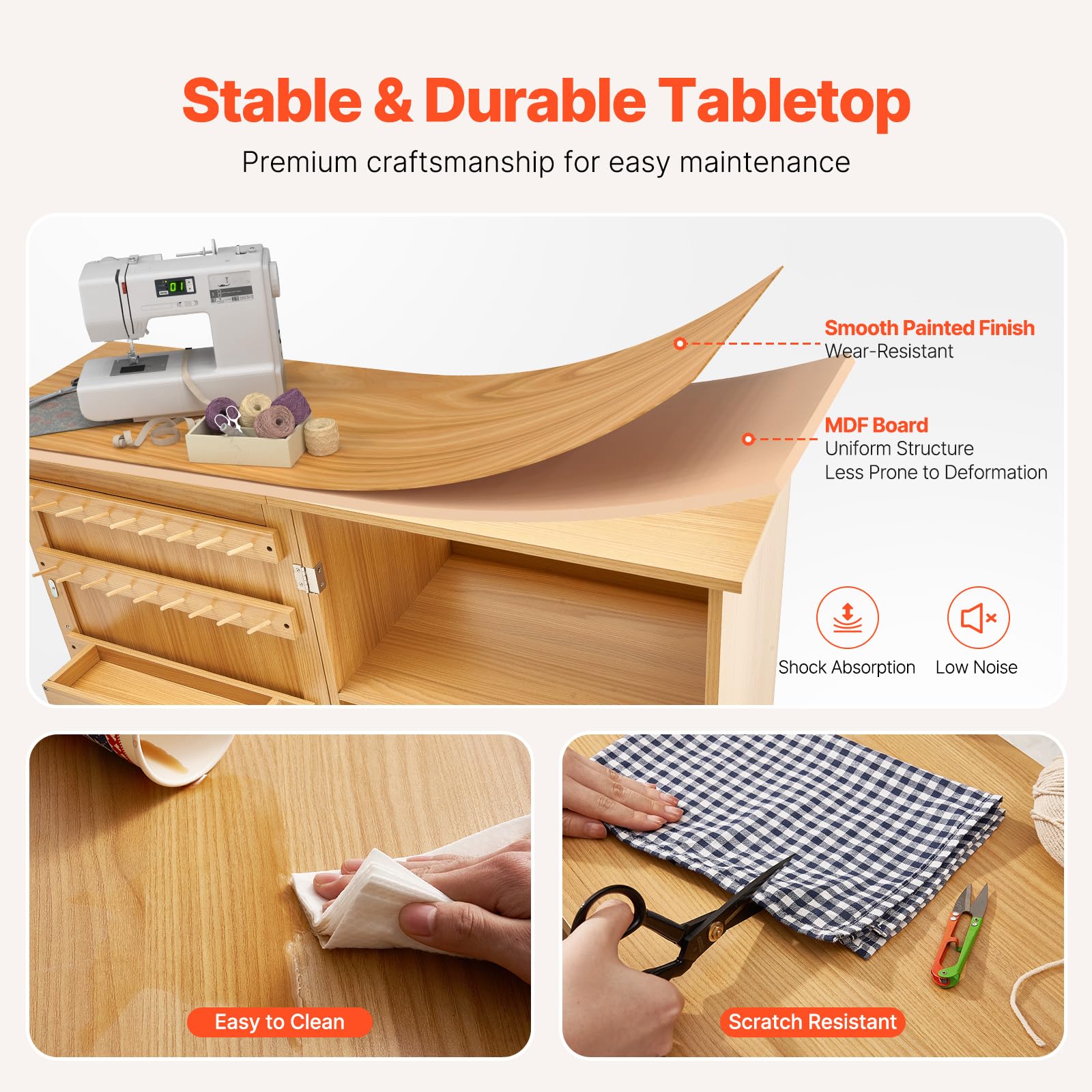 VEVOR Mesa de Costura Plegable Mesa Multiusos para Máquina de Coser con Diseño Compacto, Ruedas Bloqueables, Estantes, Bandejas de Almacenamiento, Clavijas de Madera y Puertas Magnéticas, Color Madera