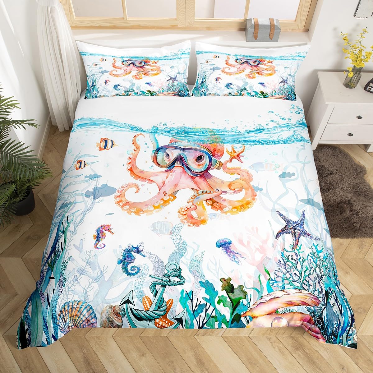 Loussiesd Cute Octopus Bedding Set for Kids Boys Girls Ocean Kraken Duvet Cover Single Size Tentacles Comforter Cover Room Decor Sealife Sea Animal Ocean Fish Bedspread Cover Bedclothes 2Pcs