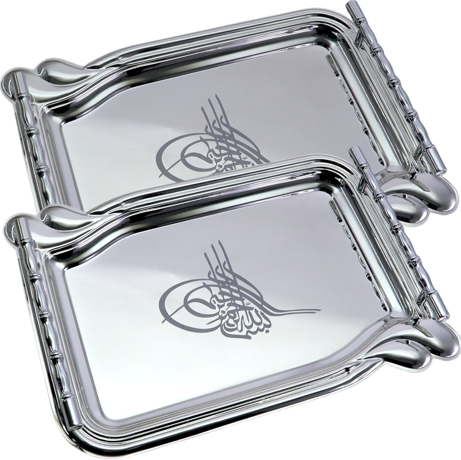 (Pack of 2) 13.4 inch x 9.3 inch Oblong Chrome Plated Mirror Silver Serving Tray with Handles Stylish Floral Engraved Edge Decorative Party Birthday Wedding Buffet Platter Plate CC-1362