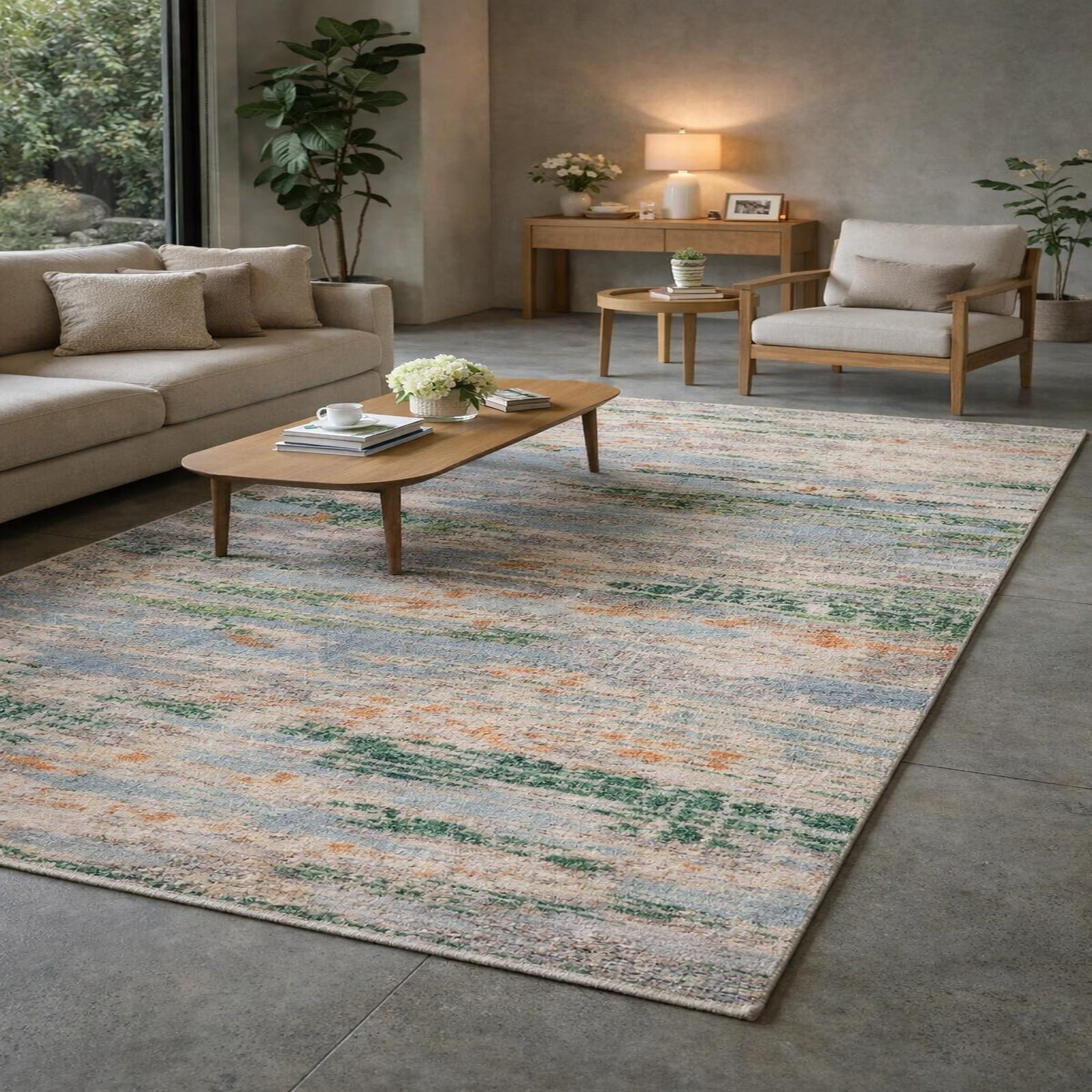 Tapis de salon abstrait moderne vert et bleu 120 x 200 cm à poils ras
