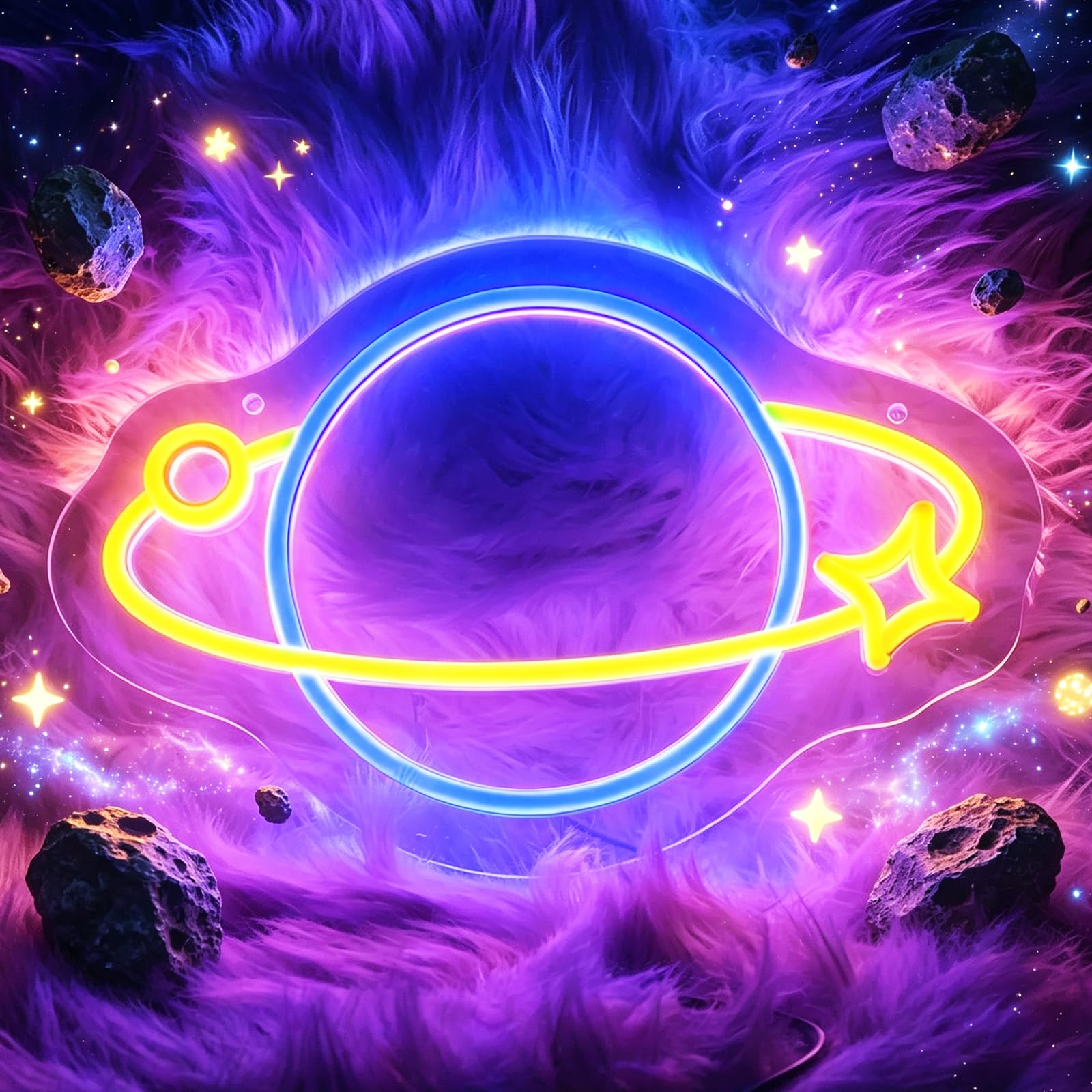 Pianeta Insegna al neon per decorazione da parete, luci notturne a LED dimmerabili, alimentata tramite USB, pianeta e stella, per camera da letto, sala giochi, club, regali per bambini amanti della