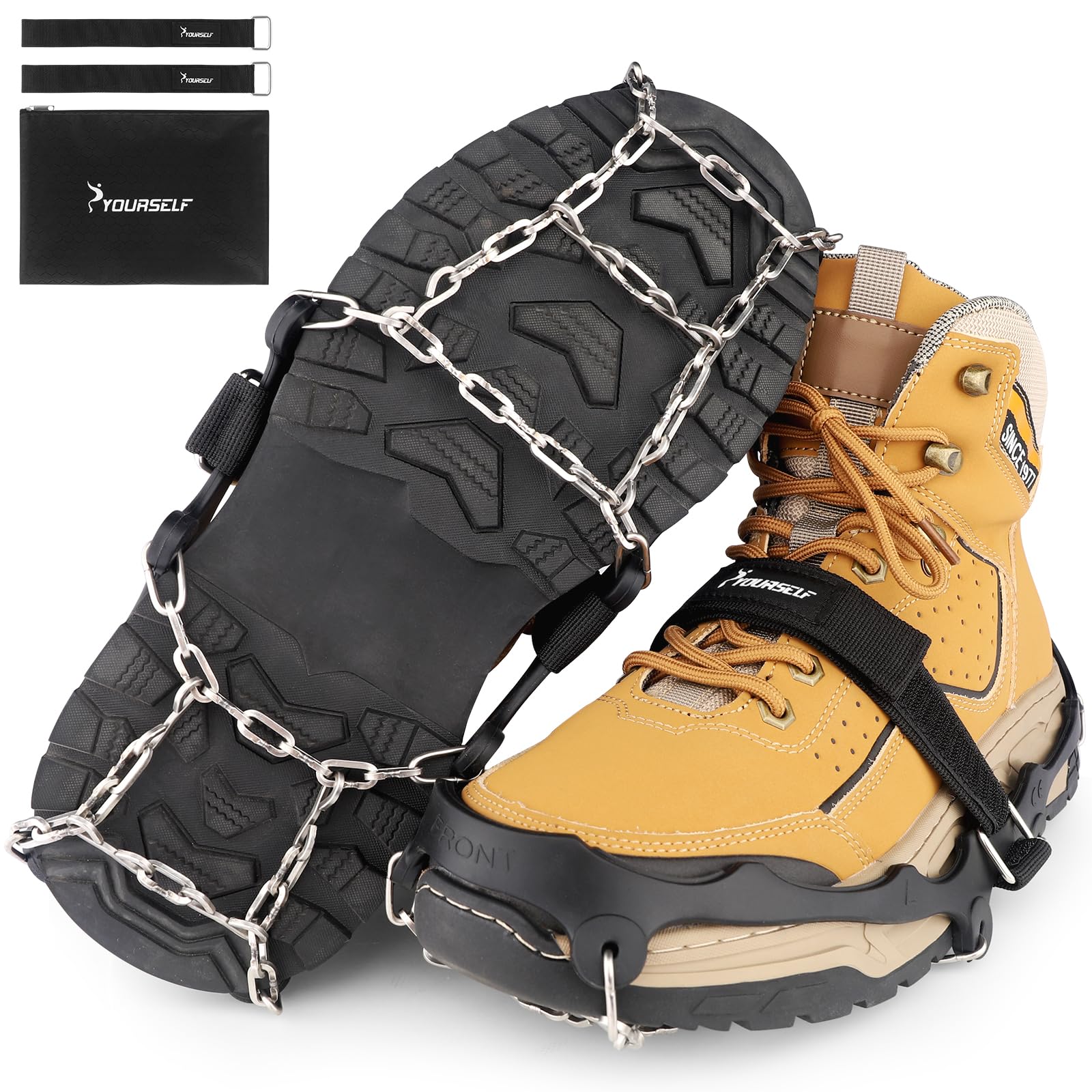 SYOURSELF Tacchetti da ghiaccio per scarpe e stivali da donna e uomo, ramponi antiscivolo catene da neve pinze per ghiaccio per scarpe e stivali, tacchetti di trazione per neve e pesca sul ghiaccio