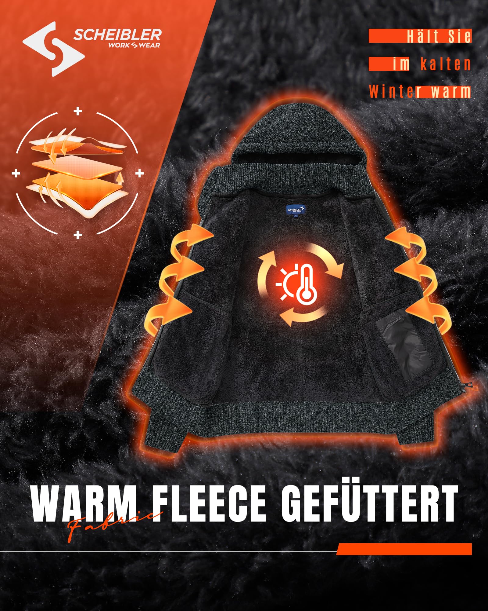 Scheibler Arbeitsjacke Herren Winter - gefütterte Arbeitskleidung Männer - Workwear Herren Strickjacke mit Reissverschluss - Strick-Winterarbeitsjacken Herren mit Kapuze