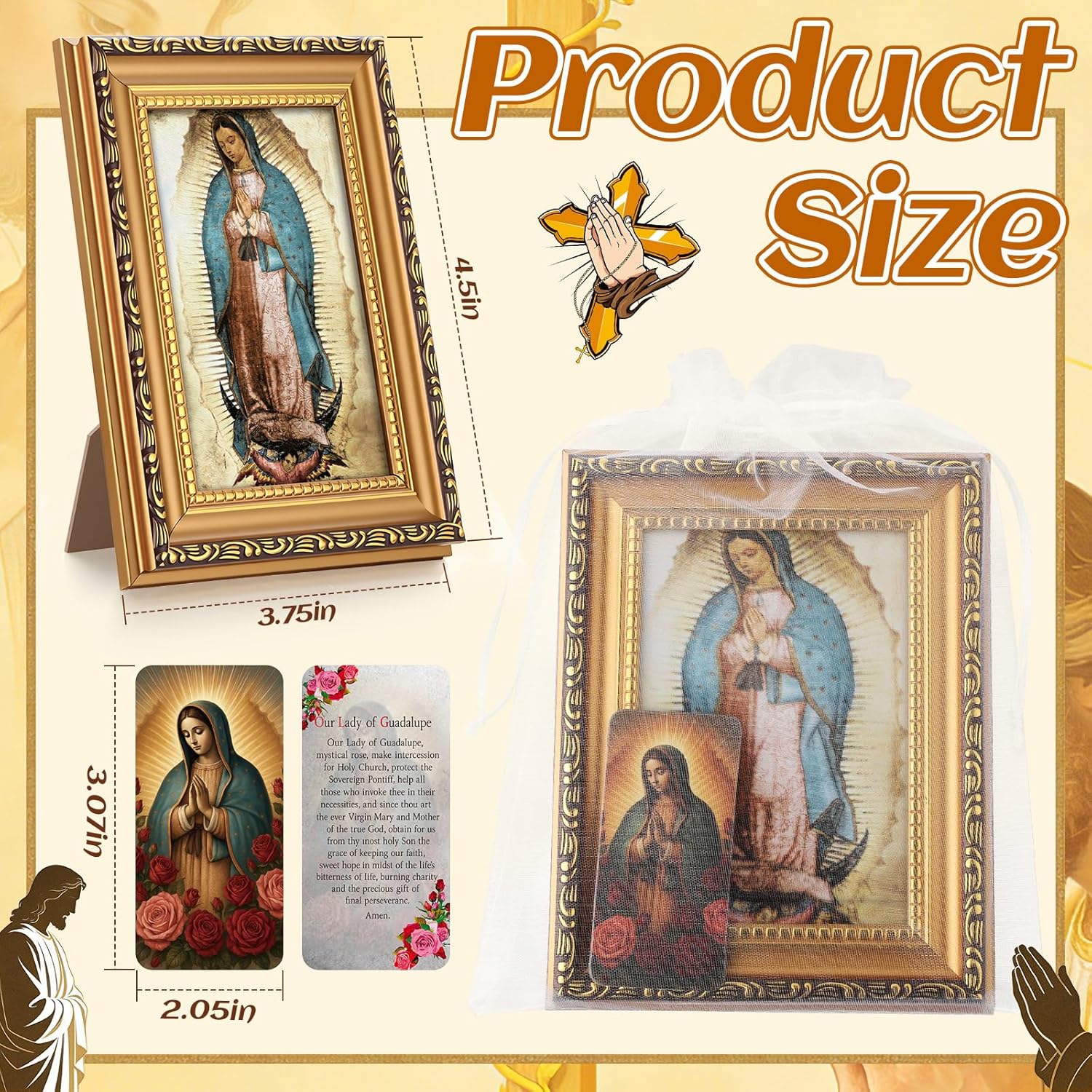Leinuosen 6 Set Baptism Favors Our Lady of Guadalupe Frame with Easel Back Prayer Card Organza Bags Catholic Religious Gift for Guests Girls First Communion Favors Home Table Decor Church