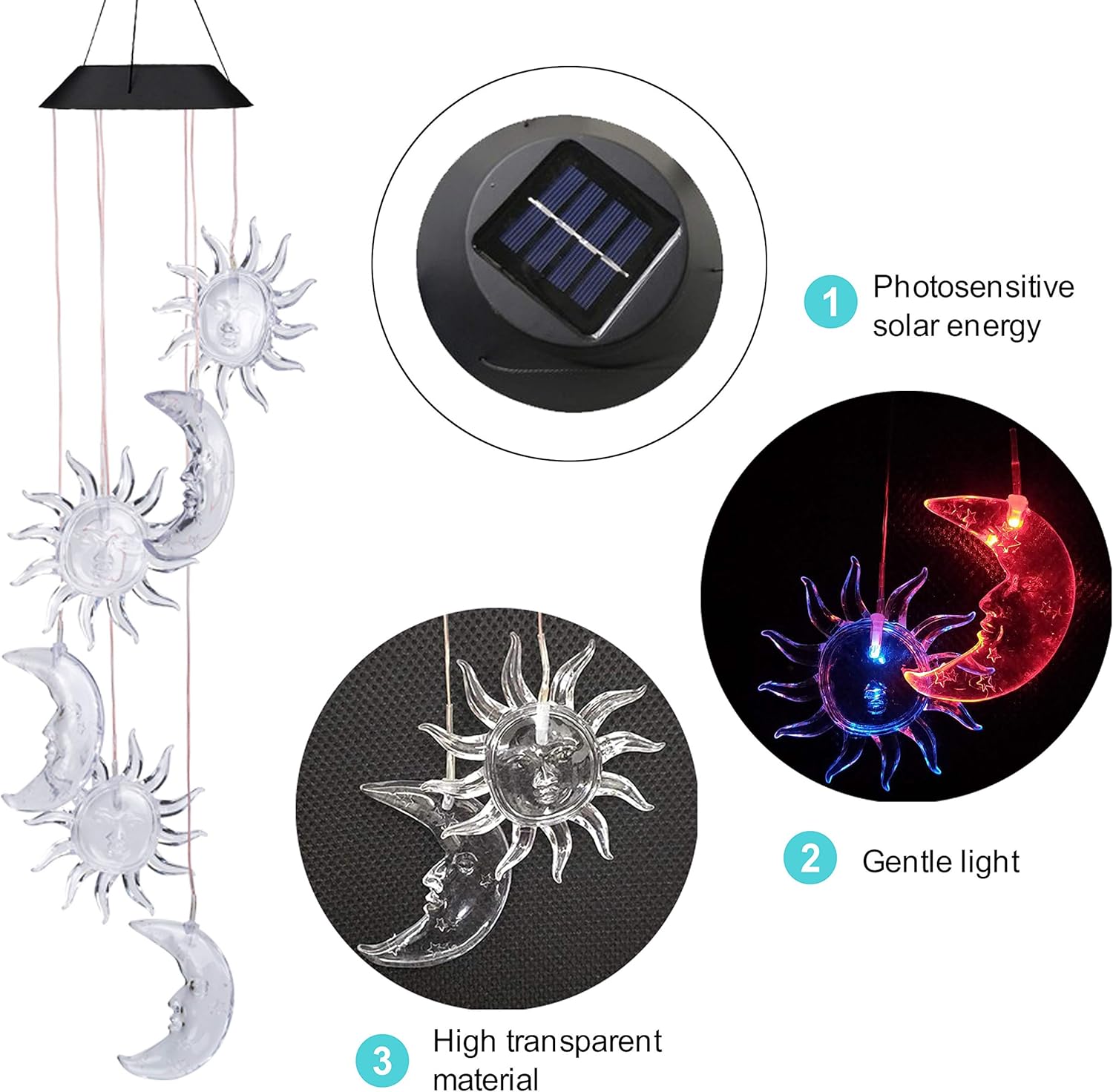 Solar Sun and Moon Wind Chimes Outdoor - Waterproof Mobile Romantic Changing Light Color Wind Chime, Sun Moon Windchimes for Xmas Mom Gifts, Home, Party, Festival Decor, Night Garden Decoration - Image 2
