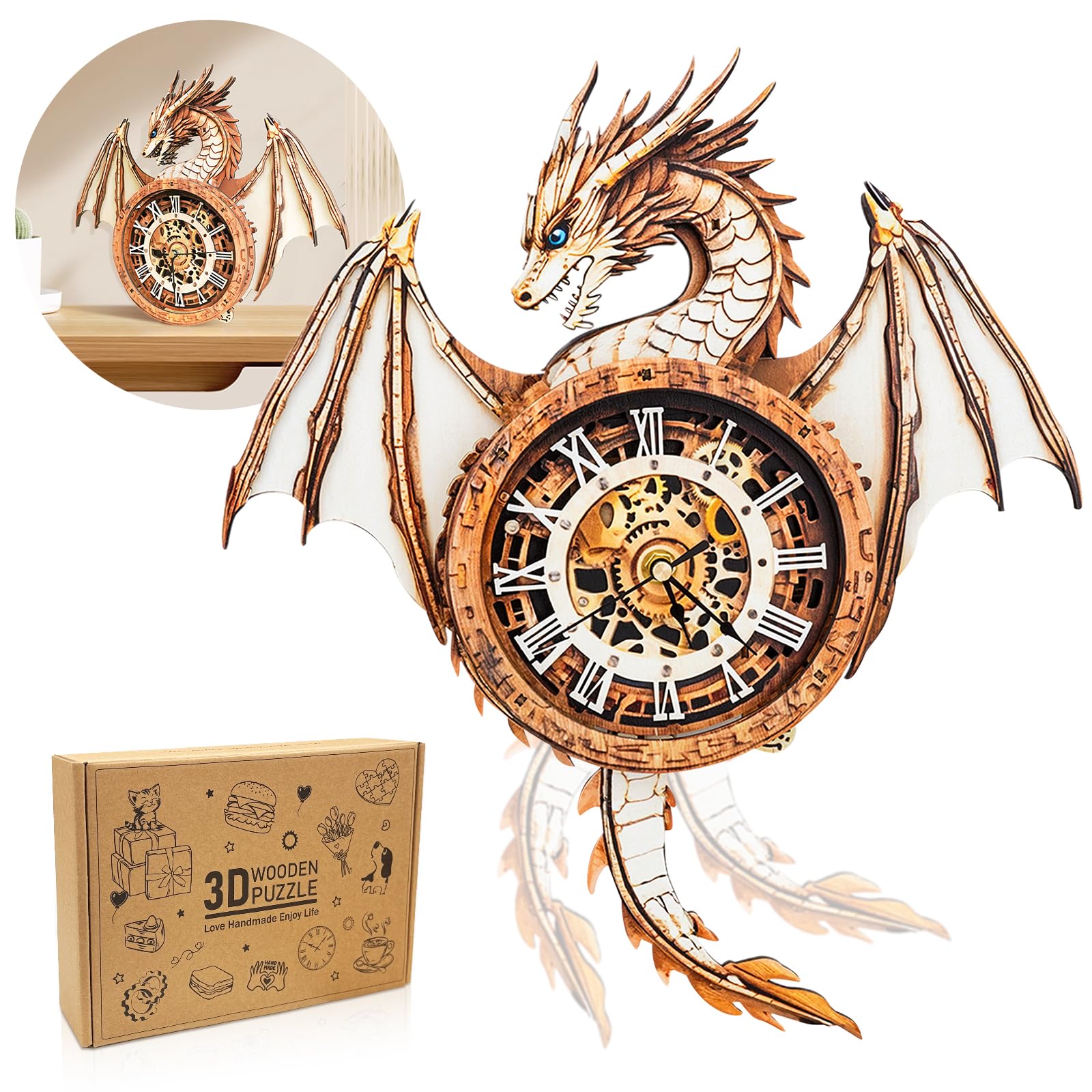 Reloj de péndulo mecánico en rompecabezas 3D de dragón artesanal y madera premium