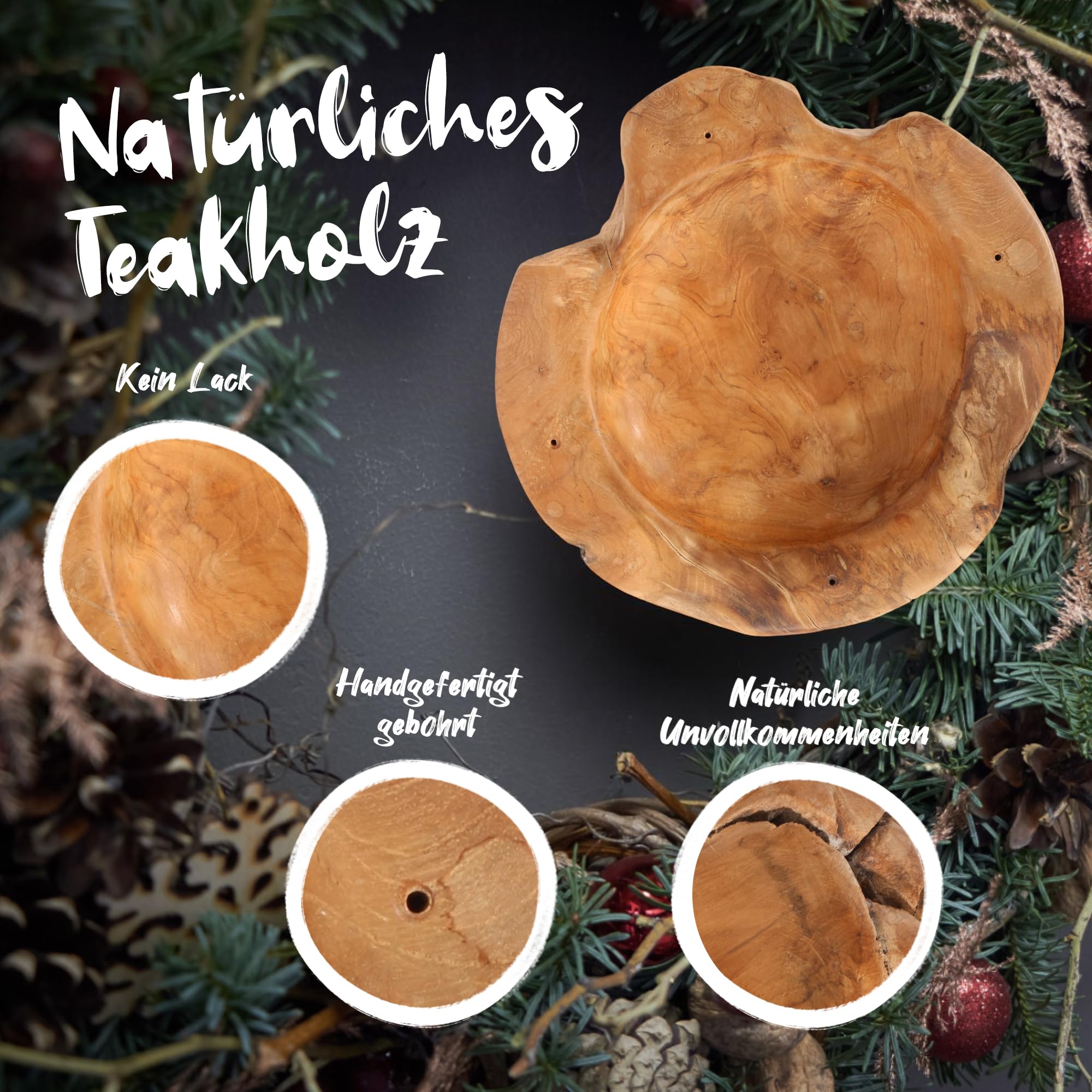 Homecall Adventskranz Modern Kerzenhalter Adventskranz Holz Mit 4 Kerzenpicks Adventsgesteck Schlüsselschale Adventskranz Teelichter Holzschale Ø Ca. 30 cm Teakschale (Ohne Kerzen und Dekorationen)