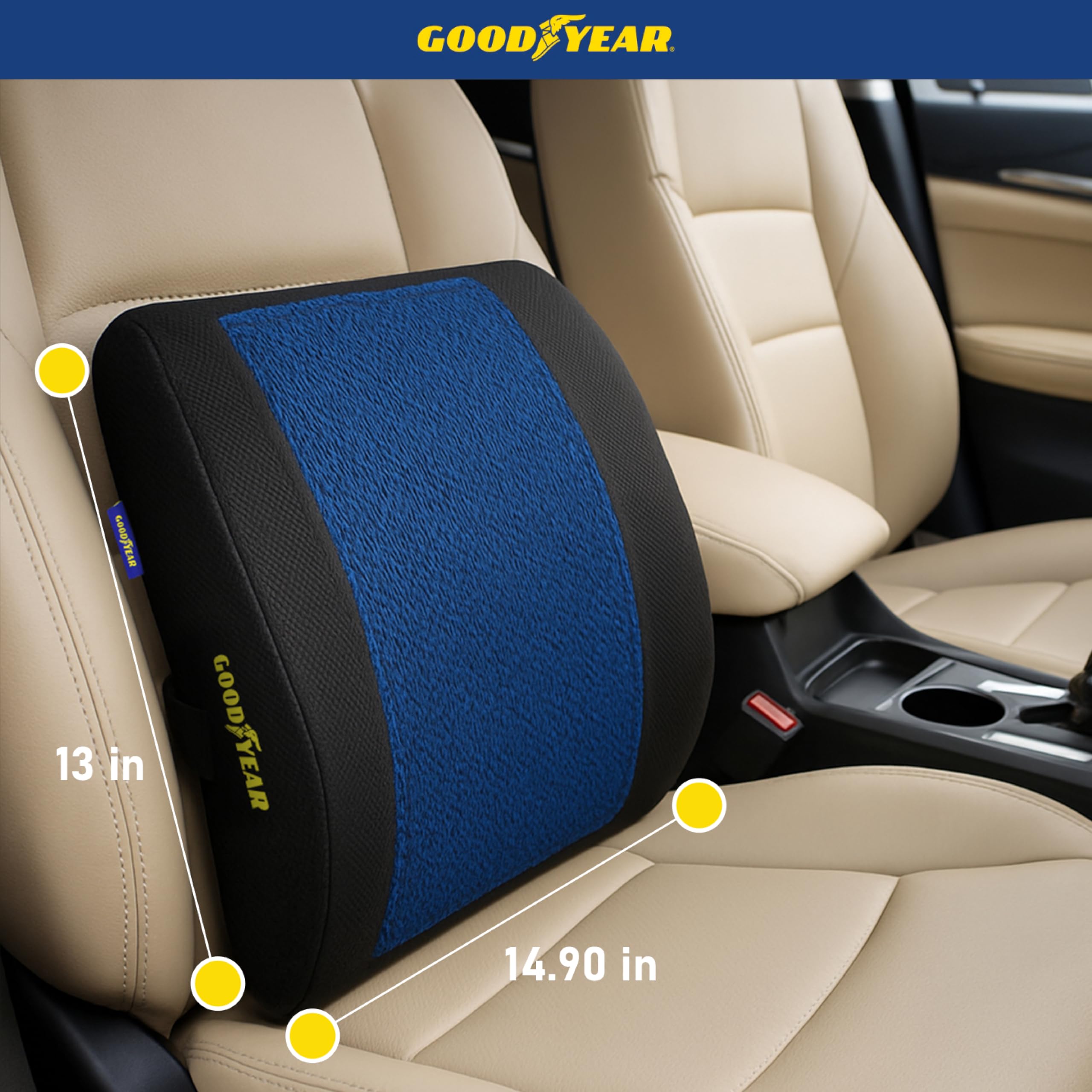 Goodyear GY1217 Coussin Lombaire rafraîchissant en Mousse à mémoire de Forme de qualité supérieure pour soulager Les douleurs dans Le Bas du Dos Sangle réglable pour différentes Tailles de siège