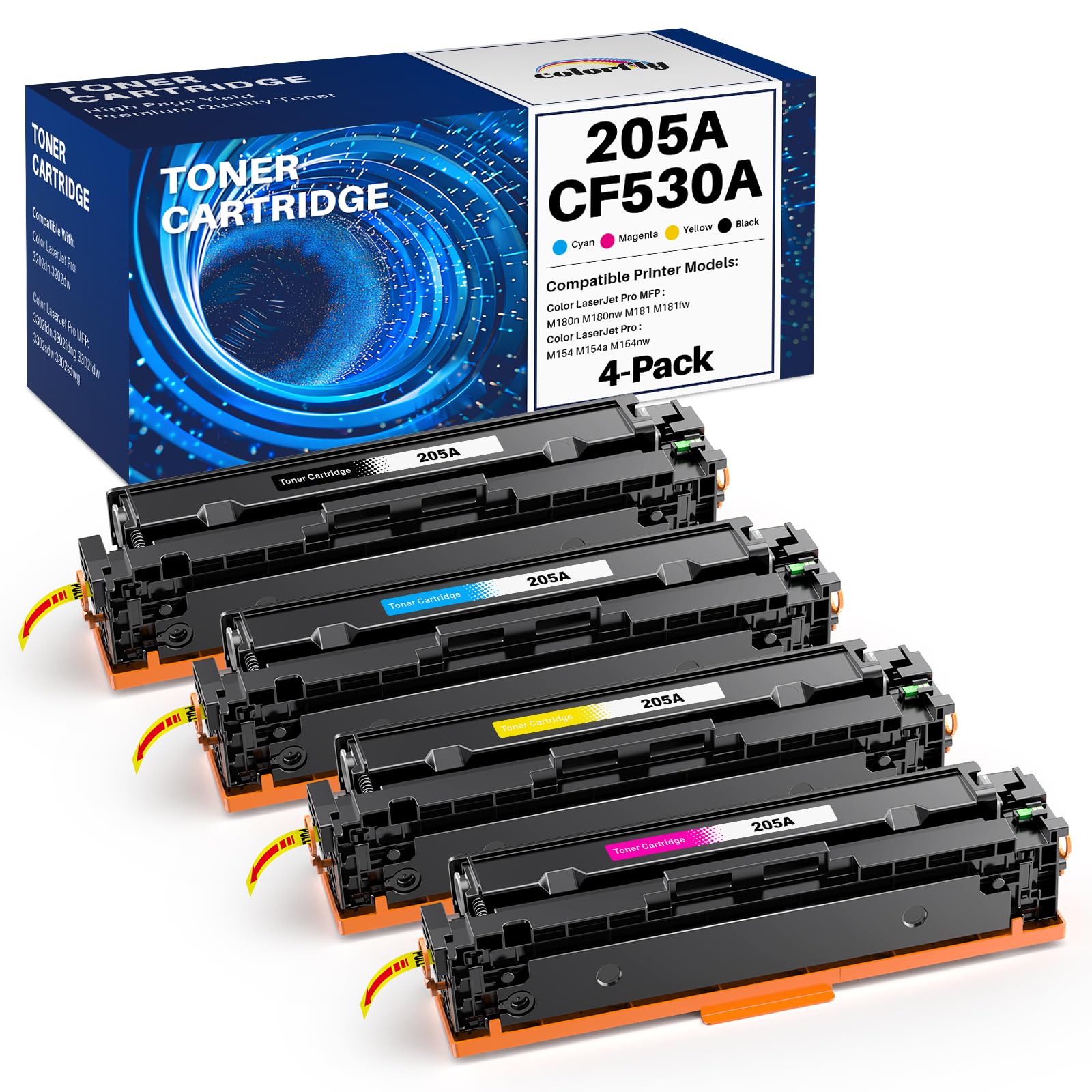 colorfly 205A Toner compatibile con HP 205A CF530A CF531A CF532A CF533A per HP MFP M181fw Toner per Color Laserjet Pro MFP M180n M181FW M180NW M180FW M181N M154A, 4 Pezzi.