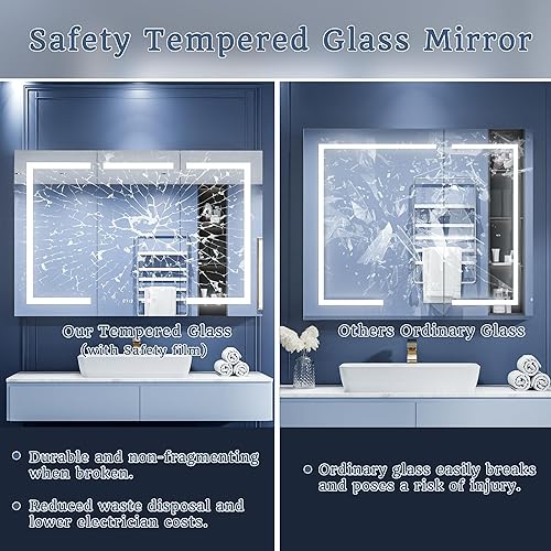 Miniatura 5 de ExBrite Botiquín de baño con iluminación LED con espejo, 36 x 32 pulgadas, botiquín empotrado o de superficie, reloj, pantalla de temperatura