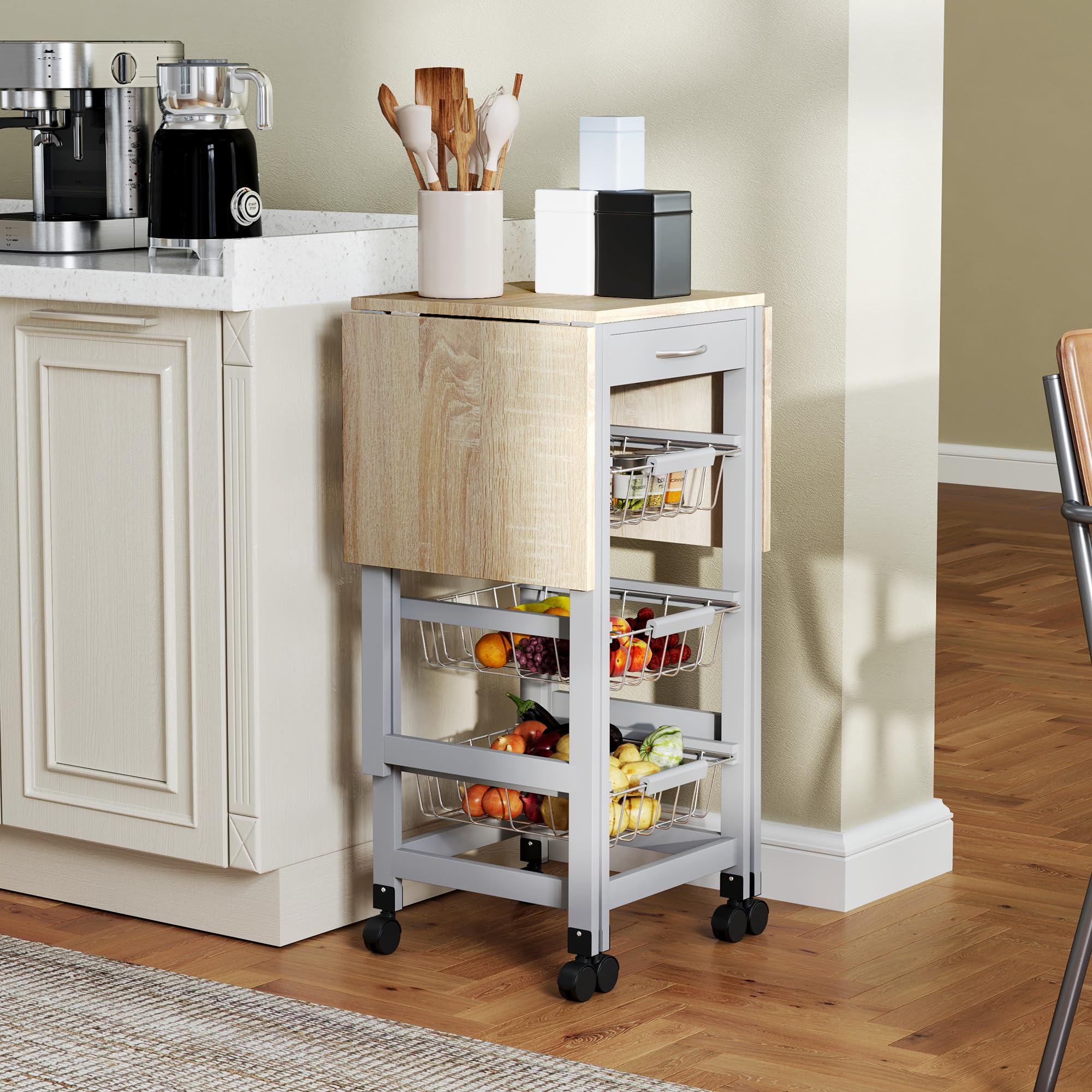 HOMCOM Carrito de Cocina con Alas Plegable, Carrito Auxiliar con Ruedas, Verdulero con Cajón y 3 Cesta de Metal, 97,2x37x77,5 cm, Gris y Roble