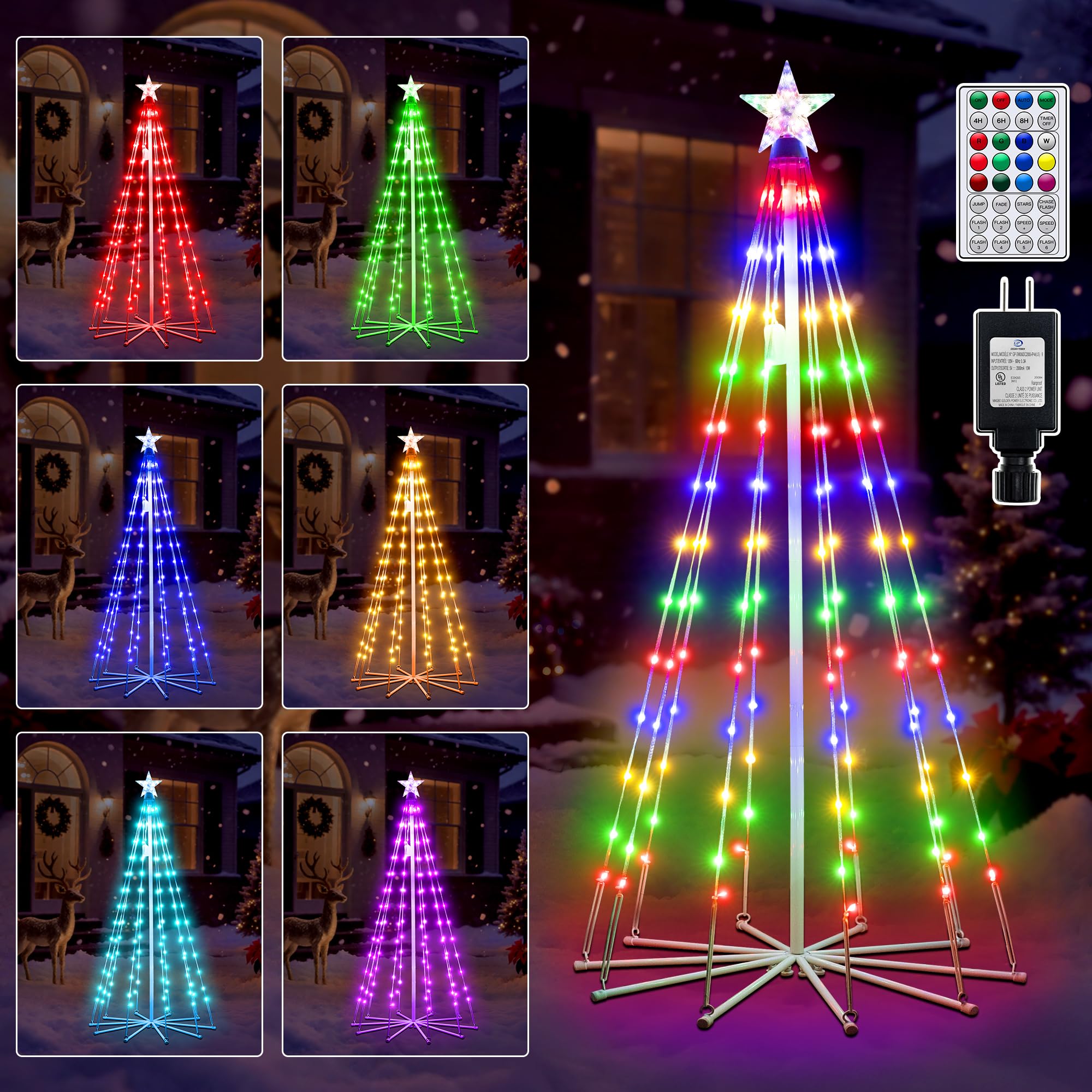 Ollny Christmas Tree Lights 5FT 140 LED, RGB 34 Modes Color Changing Outdoor String Light with Plug in Remote, Waterproof Star Lights for Xmas Outside Indoor Yard Porch Decorations