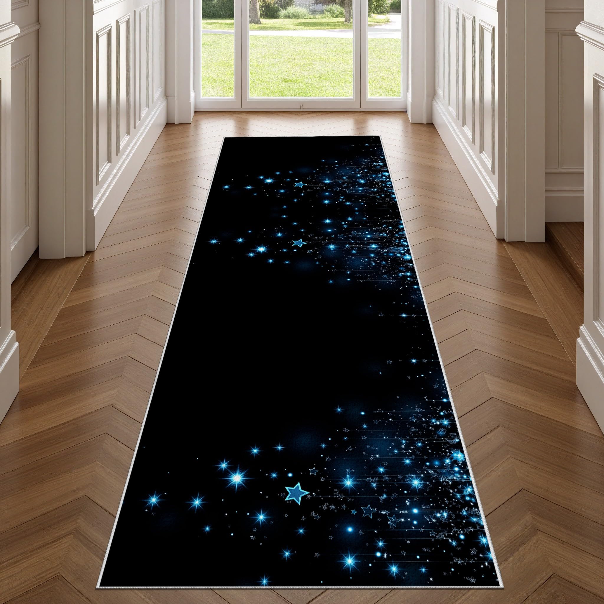 Teppich Läufer Flur Weltraum Stern Lang Waschbar und rutschfest Galaxy Sternenhimmel Küchenläufer Universum Nebel Flurteppich für Küche & Eingangsbereich 60x150 cm