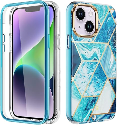 Asuwish Funda para iPhone 14 Plus de 6.7 pulgadas con protector de pantalla híbrida con bonito diseño de mármol, a prueba de golpes, cuerpo