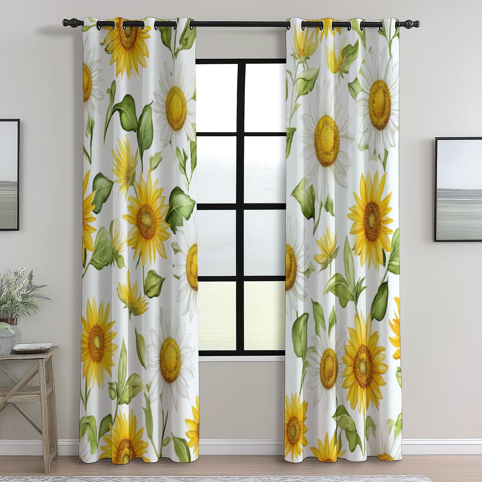 Blackout Curtains Bedroom Watercolor Style Sunflower Pattern, Geo-Thermal Insulated Energy Efficiency Window Treatment Sets Privacy Grommet Drapes for Kids Room 52