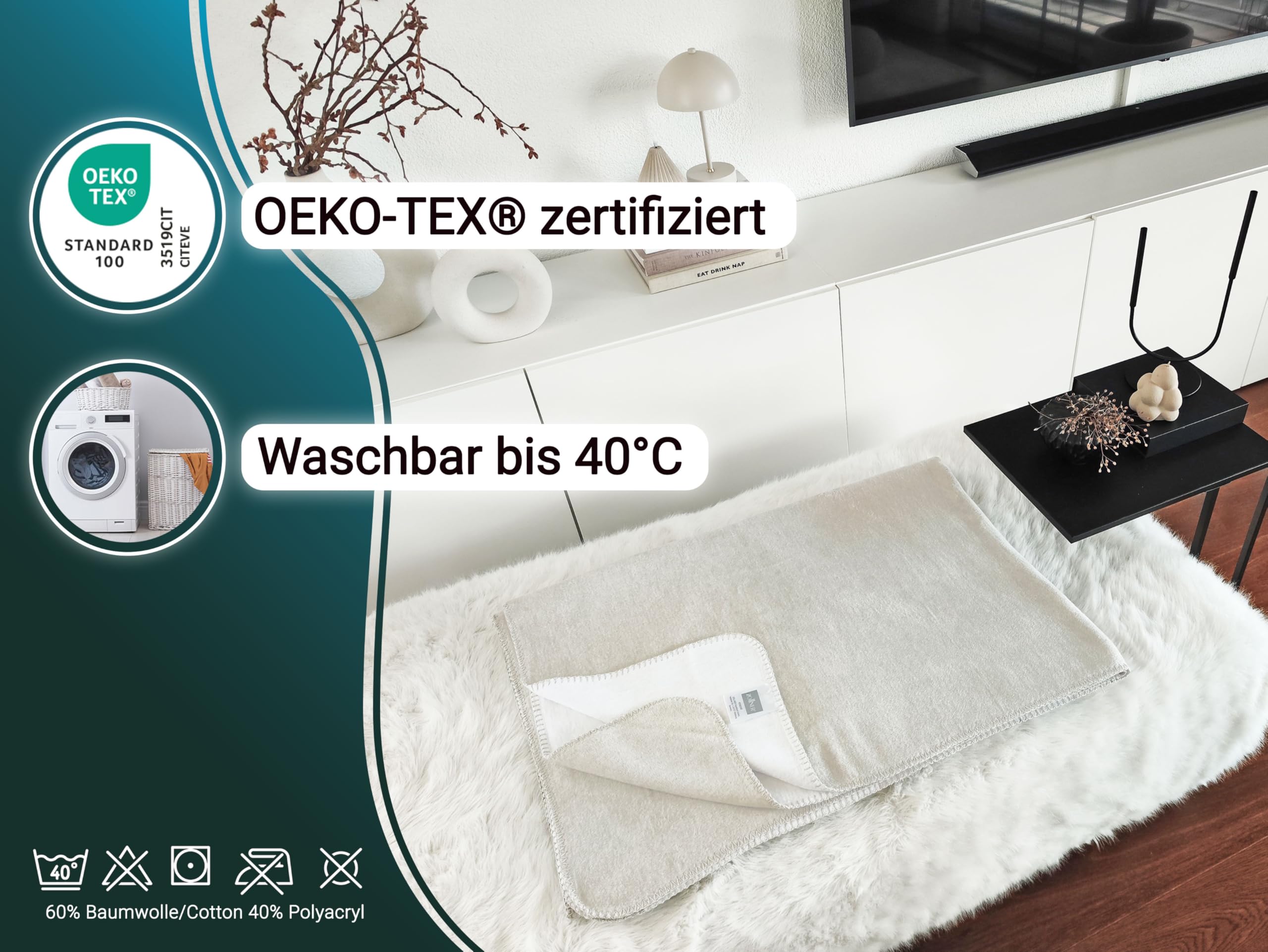 ZOLLNER Kuscheldecke 150x200 cm beige waschbar bis 40°C Mischgewebe Oeko Tex® Zertifiziert