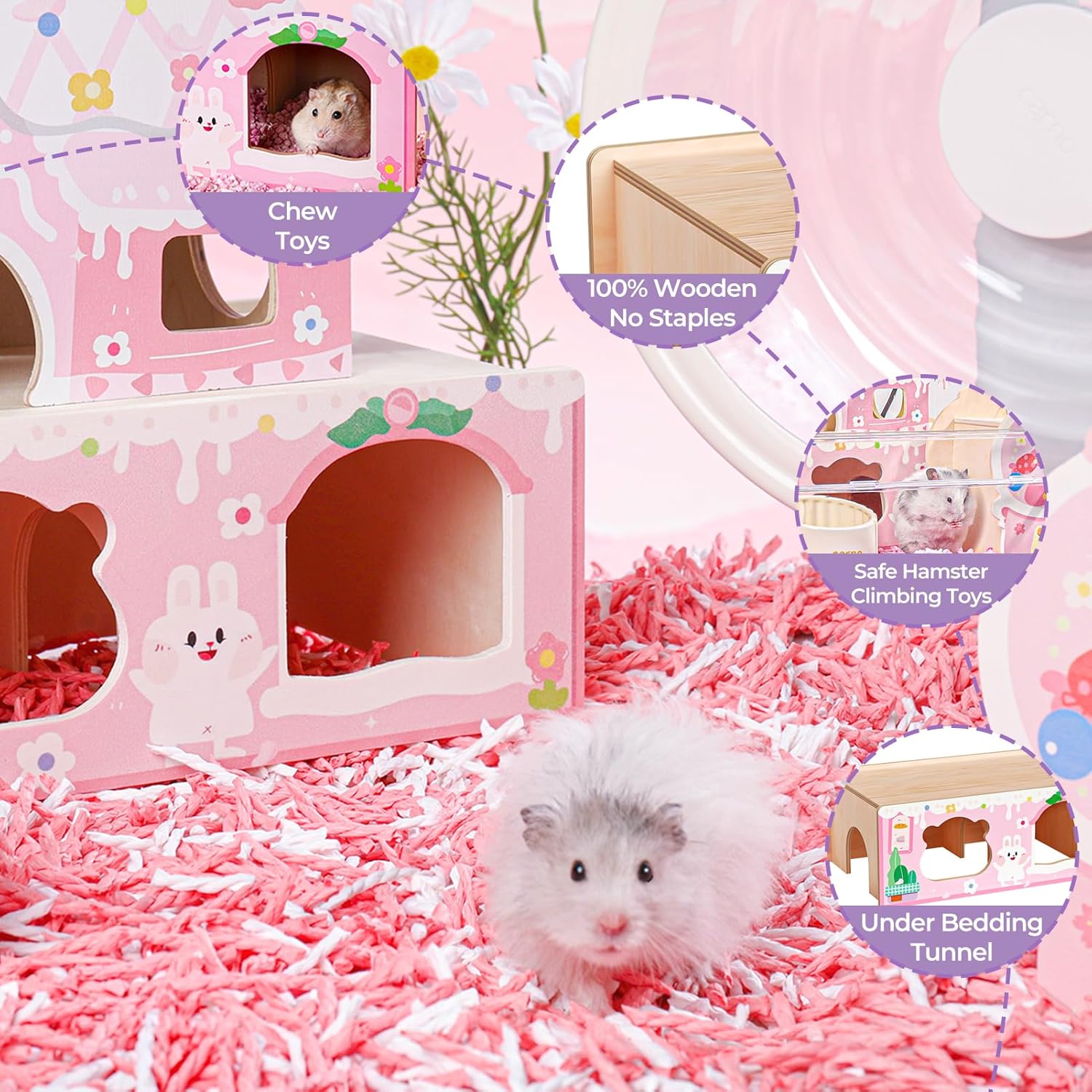 mini&moe Hamster Houses and Hideouts – Wooden Multi-Room Hamster Hideout Small Animal Habitat Decor Shelter with Platform for Dwarf Gerbils Chinchilla Rat Mouse
