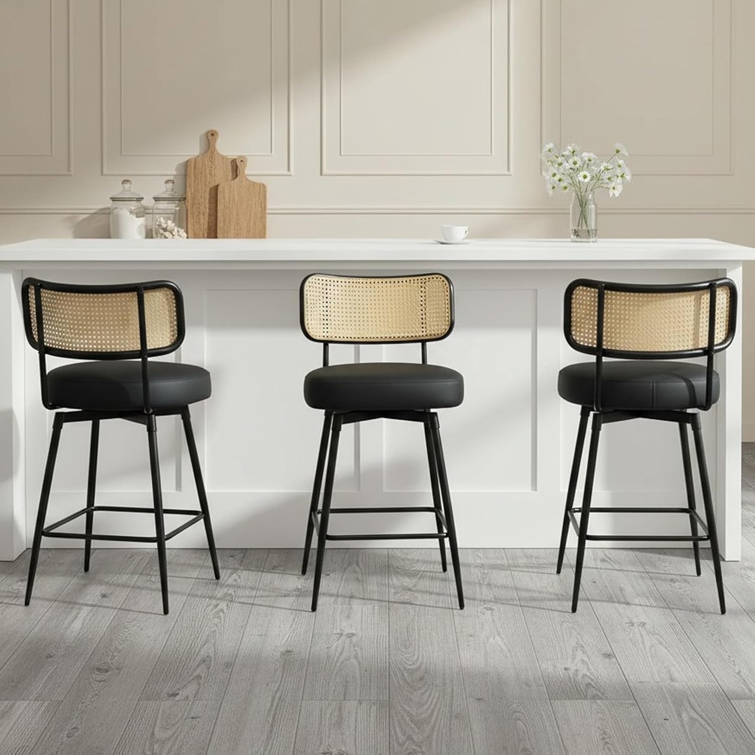Rattan Bar Stools Set of 3, Swivel Counter Height Bar Stools with Rattan Back and Metal Legs, Modern Upholstered Faux Leather Barstools for Kitchen Counter,Home Bar, Black